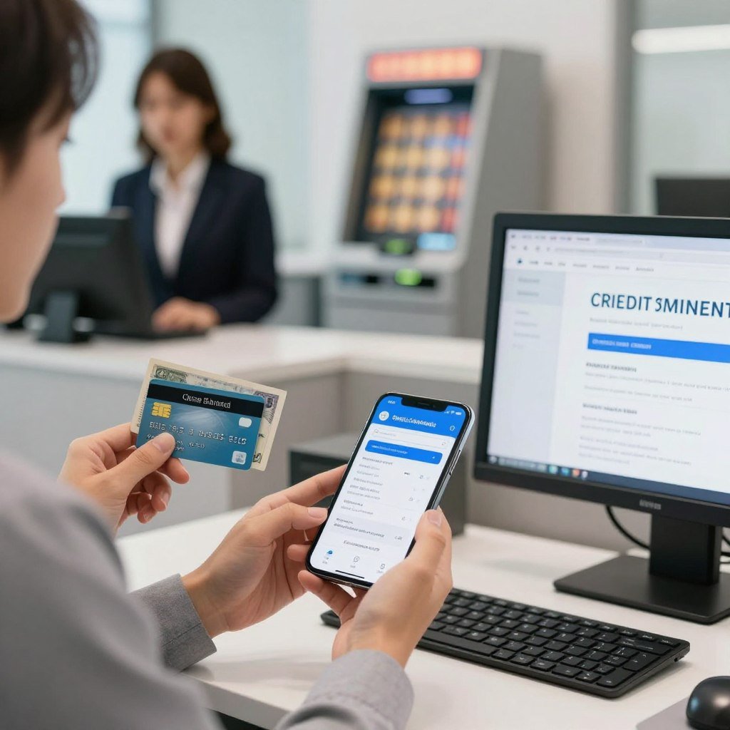 A visually engaging scene depicting various payment methods for credit card bills, set in a modern, well-lit financial environment. In the foreground, a person in professional business attire is holding a smartphone, showing an online banking app, while next to them, there’s a computer screen displaying a web page for digital payments. In the middle ground, contrasting cash and check payment methods are illustrated with a bank teller at a counter and a lottery kiosk in the backdrop, highlighting the different ways to pay. Soft, diffuse lighting creates an inviting atmosphere, and a shallow depth of field focuses on the payment methods while gently blurring the background. The overall mood is informative and professional, reflecting the simplicity of managing credit card payments. A visually engaging scene depicting various payment methods for credit card bills, set in a modern, well-lit financial environment. In the foreground, a person in professional business attire is holding a smartphone, showing an online banking app, while next to them, there’s a computer screen displaying a web page for digital payments. In the middle ground, contrasting cash and check payment methods are illustrated with a bank teller at a counter and a lottery kiosk in the backdrop, highlighting the different ways to pay. Soft, diffuse lighting creates an inviting atmosphere, and a shallow depth of field focuses on the payment methods while gently blurring the background. The overall mood is informative and professional, reflecting the simplicity of managing credit card payments.