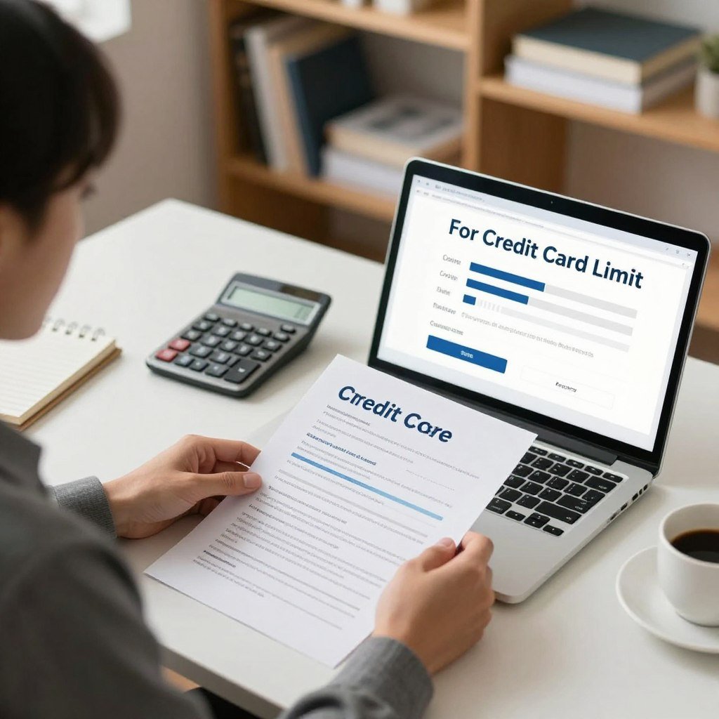 A visually informative illustration depicting the step-by-step process of increasing a credit card limit, focusing on monitoring payment history and financial behavior. In the foreground, include a professional-looking individual in business attire, seated at a desk with a laptop open, reviewing financial documents and a credit score report. In the middle ground, display a well-organized desktop with a calculator, a notepad, and a coffee cup, conveying a sense of productivity. The background should show a soft-focus bookshelf filled with financial books and documents, adding depth to the scene. Use warm, natural lighting to create a calm and professional atmosphere, with a slight bird’s-eye angle to capture the entire workspace.
