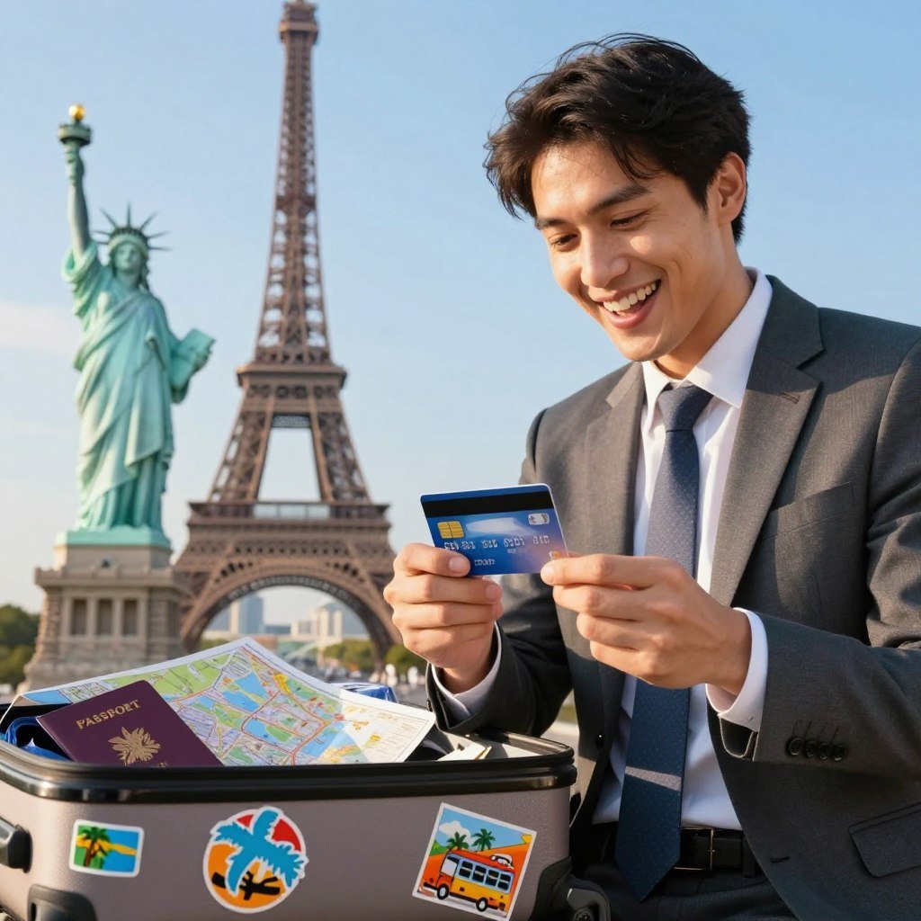 A visually striking image depicting the advantages of using a credit card for international travel. In the foreground, a person in professional business attire is joyfully inspecting a credit card while standing beside iconic global landmarks, such as the Eiffel Tower and the Statue of Liberty. In the middle ground, a suitcase is partially open, revealing travel essentials like a passport and a map, symbolizing preparation for a journey. The background features a clear blue sky and vibrant travel stickers on the suitcase that bring a sense of adventure. The lighting is warm and inviting, suggesting a bright day, with sunlight highlighting the individual’s pleased expression. The atmosphere conveys a sense of excitement and readiness for travel, emphasizing the importance of connecting with the bank to inform them of travel plans.