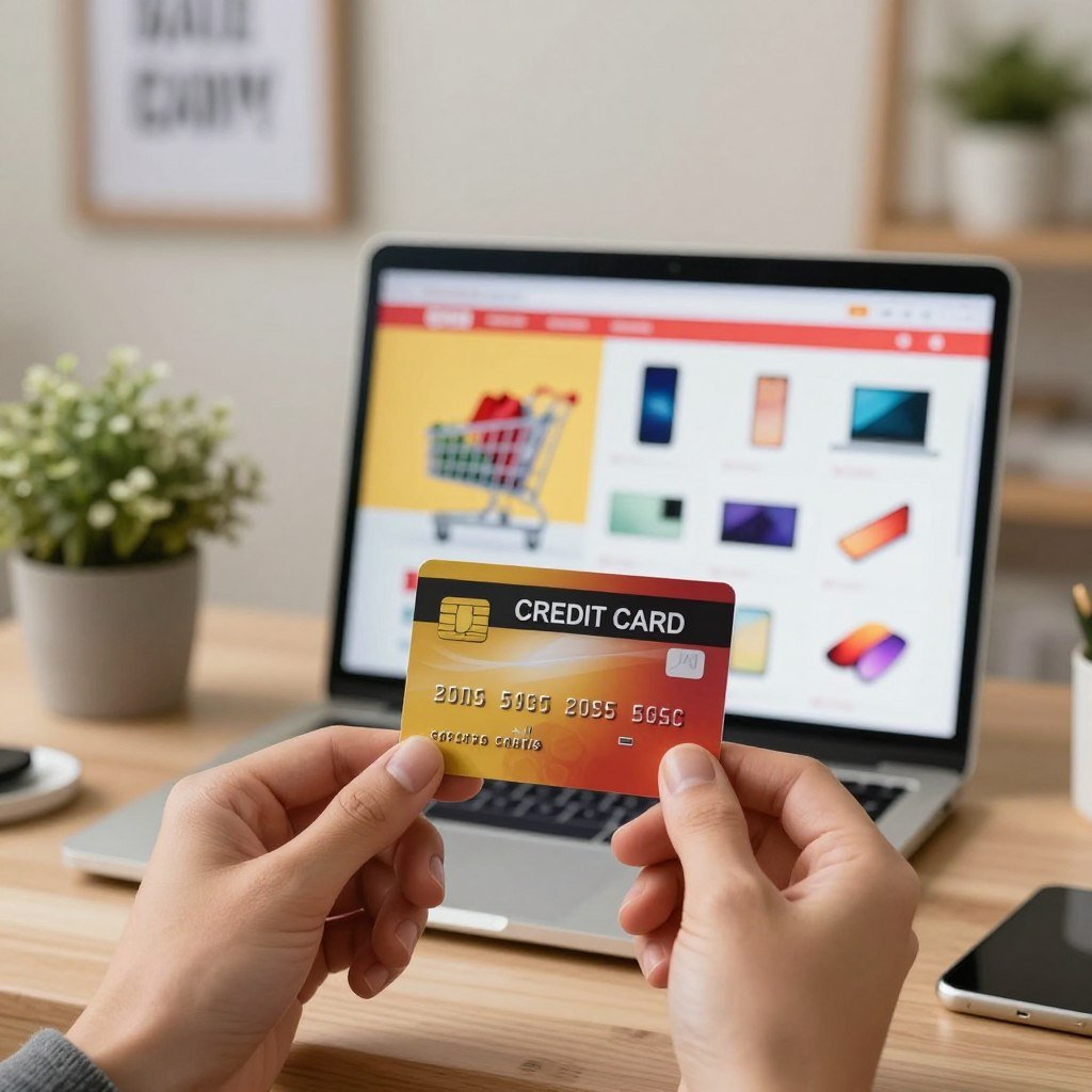 A visually striking image showcasing the advantages of credit cards for online shopping. In the foreground, display a hand elegantly holding a modern credit card, glistening under soft, warm lighting. In the middle, include a laptop screen displaying a vibrant online shopping cart filled with various items like clothing and electronics, hinting at a seamless shopping experience. The background should be a cozy home office setup with a stylish desk, potted plants, and a motivational quote framed on the wall, conveying a sense of organization and financial planning. Utilize a slightly blurred depth of field to focus on the credit card, enhancing the mood of financial empowerment and smart decision-making in personal finance.