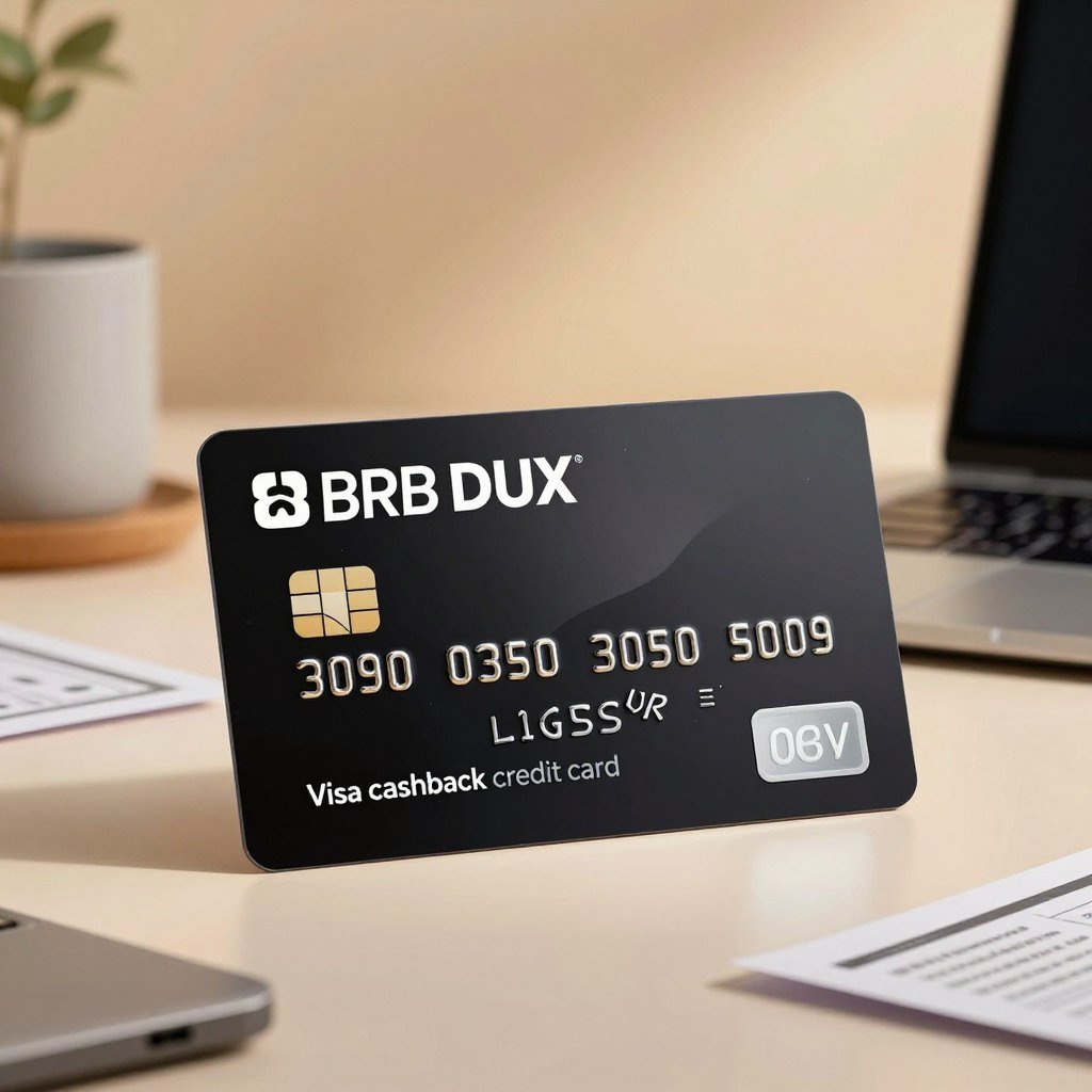 A visually striking representation of the "BRB DUX Visa cashback credit card" prominently displayed in the foreground, featuring a sleek, modern design with a glossy finish showcasing its unique branding. The background features a stylish, minimalist office setting with warm, ambient lighting that evokes a professional atmosphere. Soft, diffused light illuminates the card to highlight its features and elegance. Positioned around the card are subtle hints of financial documents and a laptop to suggest a financial theme, while maintaining a clean composition. The angle is slightly tilted for a dynamic perspective, making the card appear as the focal point. The overall mood is sophisticated and inviting, ideal for illustrating premium financial options. A visually striking representation of the "BRB DUX Visa cashback credit card" prominently displayed in the foreground, featuring a sleek, modern design with a glossy finish showcasing its unique branding. The background features a stylish, minimalist office setting with warm, ambient lighting that evokes a professional atmosphere. Soft, diffused light illuminates the card to highlight its features and elegance. Positioned around the card are subtle hints of financial documents and a laptop to suggest a financial theme, while maintaining a clean composition. The angle is slightly tilted for a dynamic perspective, making the card appear as the focal point. The overall mood is sophisticated and inviting, ideal for illustrating premium financial options.