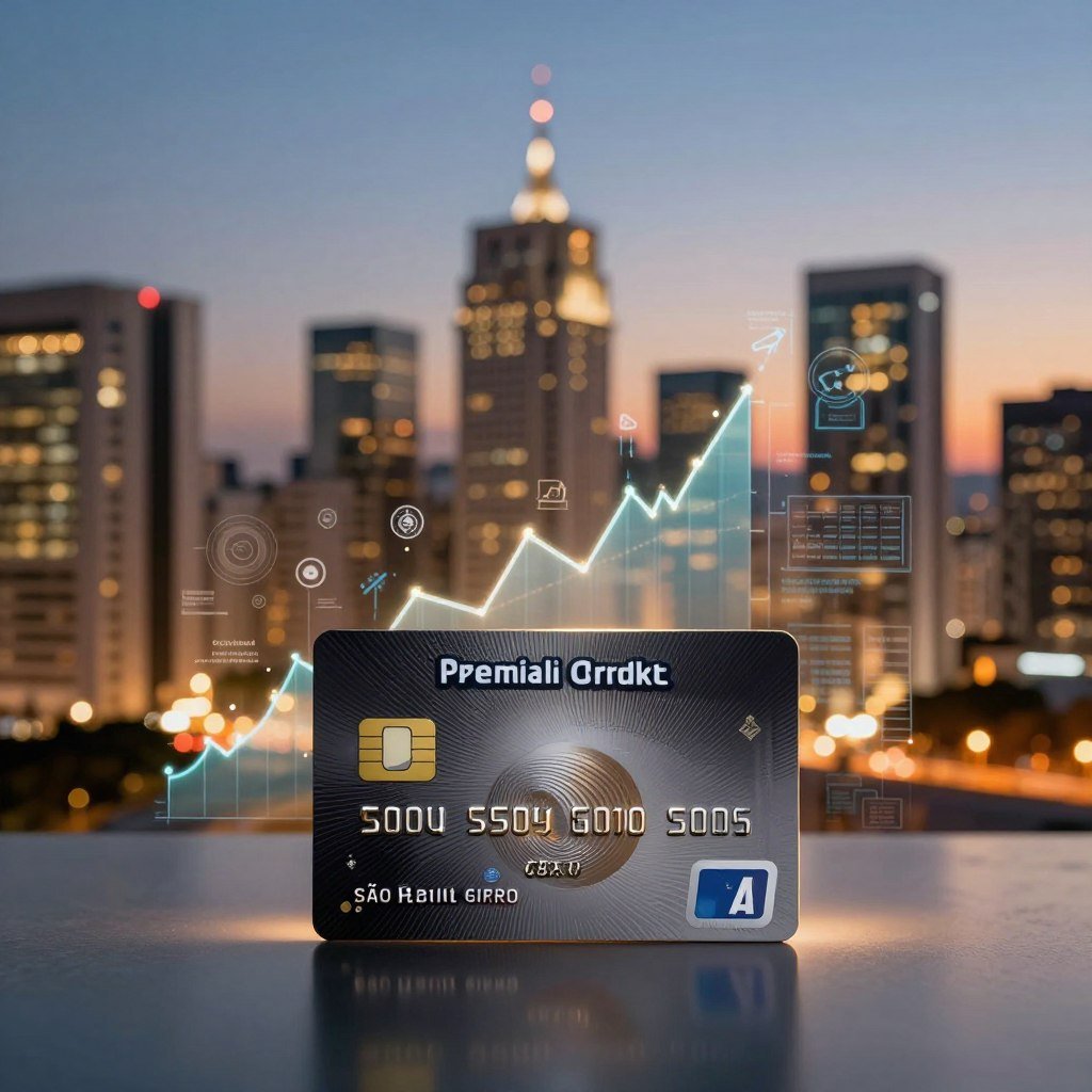 A visually striking representation of the Brazilian premium credit card market trends. In the foreground, a sleek, high-end credit card, featuring unique designs and textures, stands on a reflective surface, showcasing luxury and sophistication. Surrounding it, subtle elements like graphs and digital icons representing finance and market analysis flow into the middle ground, hinting at data trends and consumer preferences. The background features an elegant city skyline of São Paulo, illuminated under a twilight sky, signifying growth and innovation in the financial sector. Soft, warm lighting casts an inviting glow, creating a professional and optimistic atmosphere. The scene is captured with a shallow depth of field, emphasizing the credit card while keeping the financial elements unobtrusive yet present, evoking a sense of forward-thinking dynamics in the premium market.