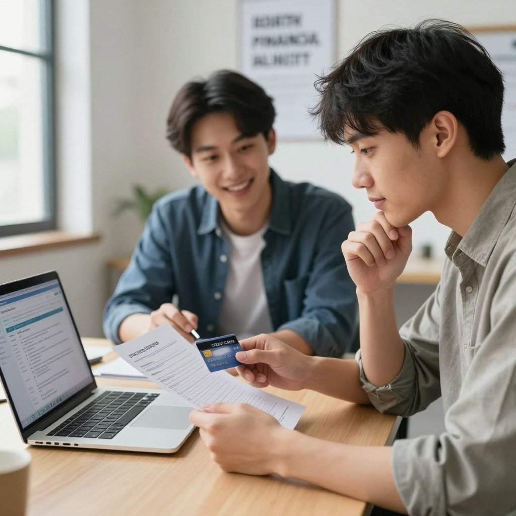 A young adult sitting at a desk, thoughtfully examining a credit card application form spread out in front of them. They are dressed in smart casual attire, conveying a sense of professionalism while maintaining a youthful appearance. The foreground features a laptop displaying financial planning tools and notes on budgeting. In the middle, the young person actively engages with a friendly advisor, pointing at the application with clear focus and intent. The background depicts a well-lit, modern office environment with motivational posters about financial health. Soft, natural lighting filters in from a nearby window, creating a warm, inviting atmosphere. The image conveys a sense of careful consideration and knowledge in the process of applying for a credit card.