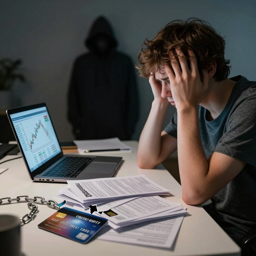 A young person sitting at a desk, looking worried and stressed while staring at a pile of credit card bills and a laptop displaying declining financial graphs. In the foreground, a cutaway of a credit card with broken chains symbolizes the consequences of mismanaging credit. In the middle ground, a shadowy figure looms, representing the looming threat of debt and financial ruin. In the background, a dimly lit room with clutter emphasizes chaos and anxiety. Soft, melancholic lighting creates a serious mood, highlighting the emotional burden of poor credit decisions. The angle is slightly tilted to evoke unease, and there's a subtle gradient indicating a shift from light to darkness, enhancing the sense of foreboding.