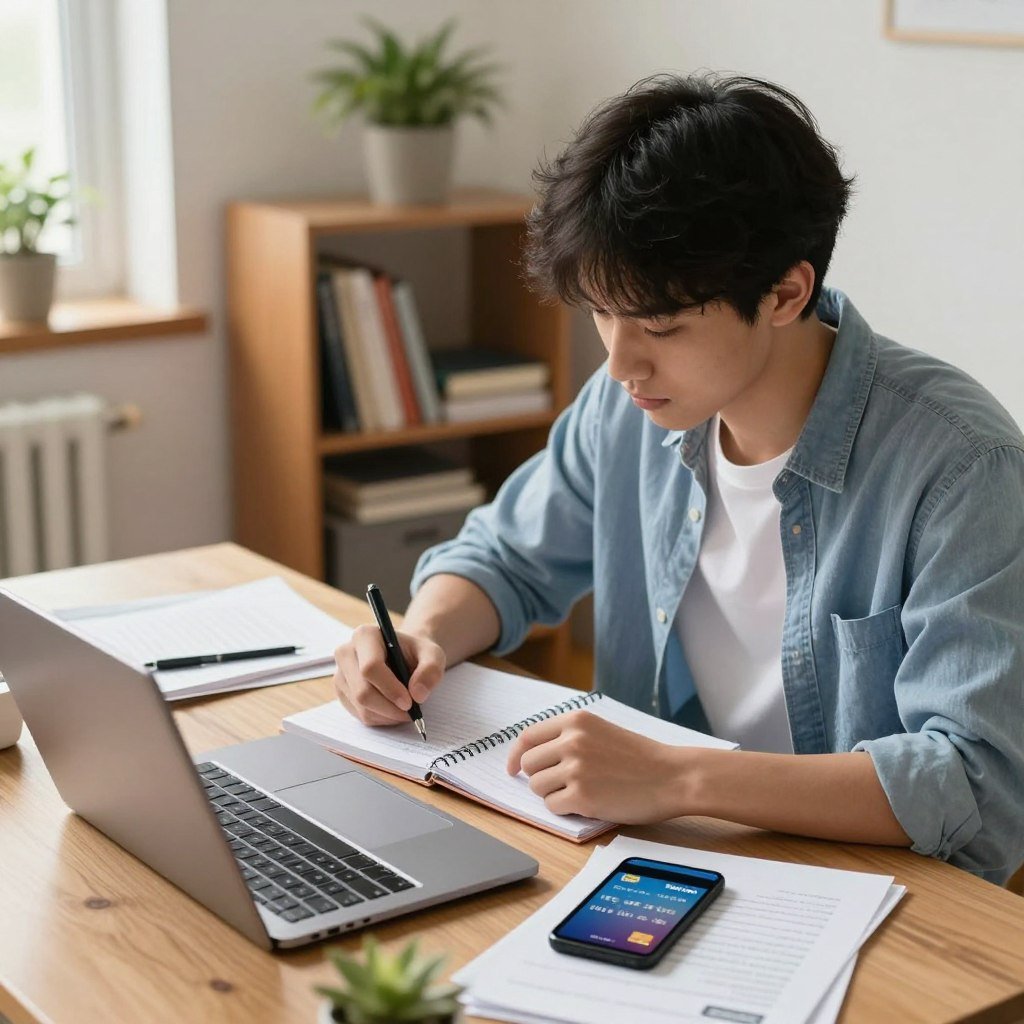 A young student sitting at a desk in a cozy, well-lit study room, surrounded by academic materials, a laptop, and a smartphone displaying a credit card application. The student, dressed in casual yet tidy clothing, is focused, taking notes while comparing options for a credit card, particularly highlighting the Nubank card. In the background, a bookshelf filled with books and a potted plant add a touch of warmth. Soft, natural light streams in through a window, creating a calm and motivating atmosphere. The angle is slightly above the student, giving a clear view of the desk and the student's engaged expression, emphasizing the importance of financial awareness among students.