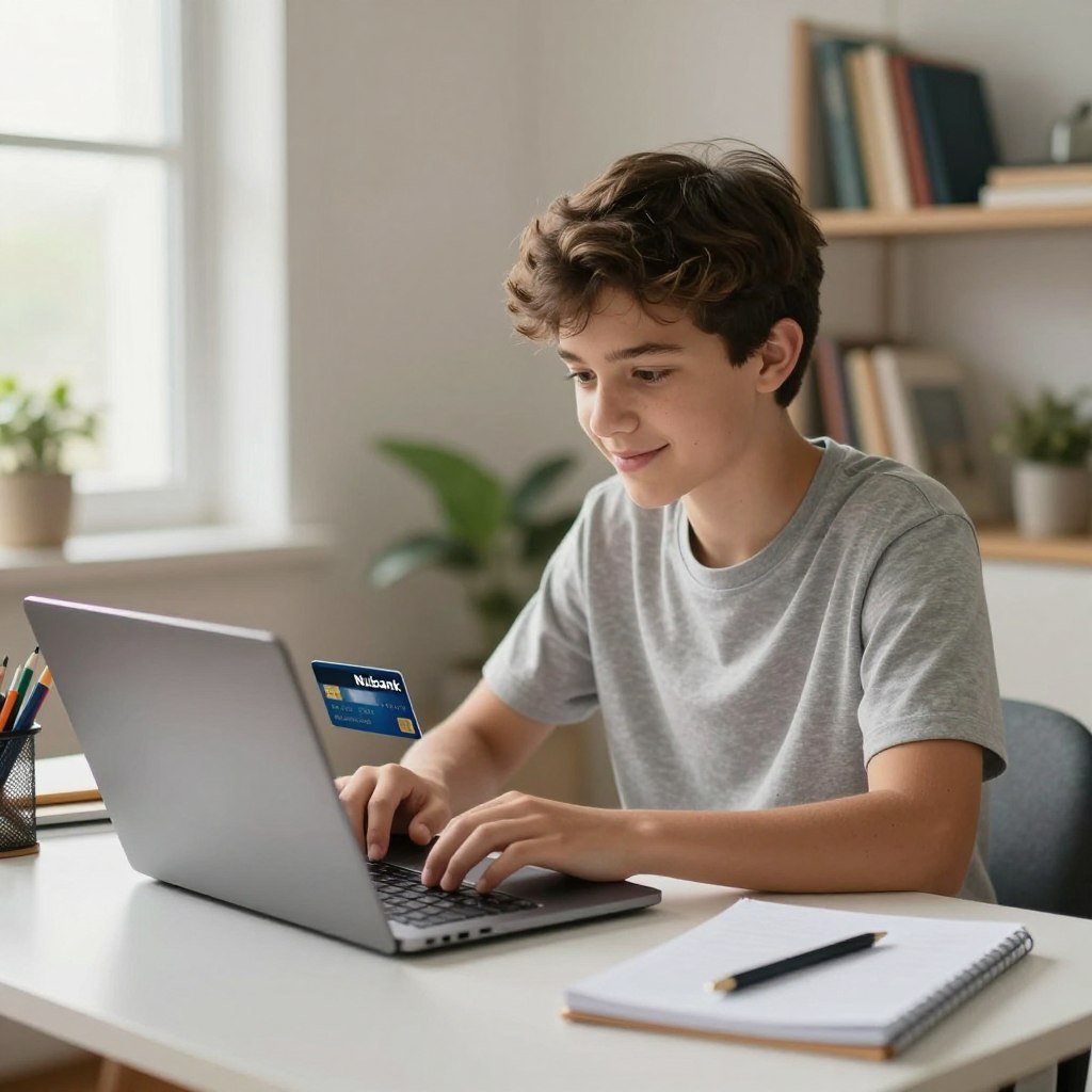 A young teenager sitting at a sleek desk, engaged in a laptop application process for a Nubank card, surrounded by educational materials like notebooks and stationery. The teenager has a focused yet friendly demeanor, dressed in comfortable, casual clothing. Soft, natural light filters through a nearby window, illuminating the workspace and creating a warm and inviting atmosphere. A Nubank card is subtly visible on the desk, conveying a sense of aspiration and financial empowerment. The background features a shelf with books and plants, adding depth and a cozy feel to the scene. The overall mood is optimistic and approachable, emphasizing the accessibility of financial services for minors.
