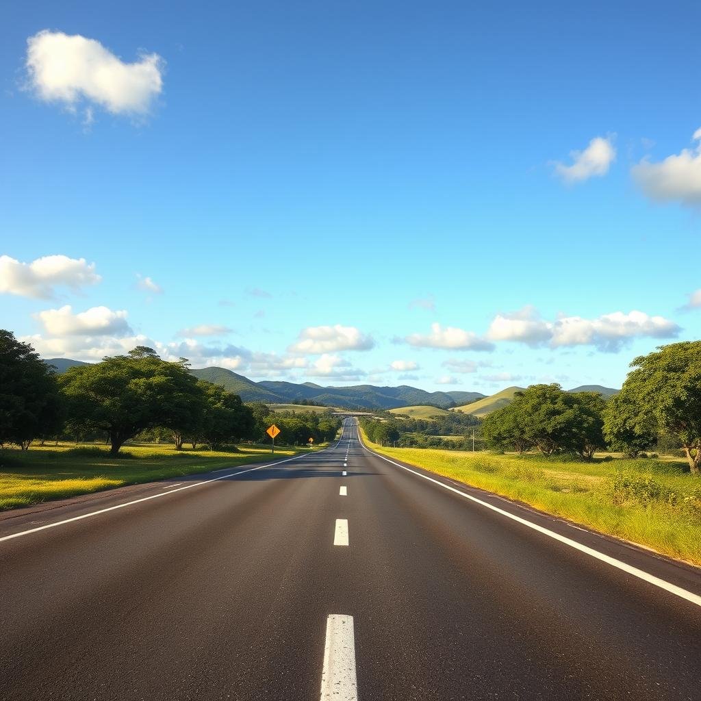 A beautifully maintained roadway stretches through a vibrant green landscape, showcasing sustainable asphalt in pristine condition. In the foreground, a few white lane markings are perfectly aligned. The middle ground features a clear, bright sky with soft, fluffy clouds, casting gentle sunlight that illuminates the surroundings. Lush trees line the sides of the road, emphasizing the harmony between infrastructure and nature. In the distance, rolling hills create a picturesque backdrop, highlighting the rural charm of Brazil. The atmosphere radiates a sense of tranquility and well-being, ideal for illustrating the benefits of well-preserved roads. The image is captured from a slightly elevated angle, enhancing the sweeping view of the road and its environment, with a focus on clarity and vibrancy.