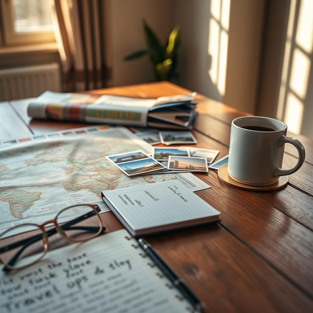 A beautifully organized travel itinerary spread across a wooden table, featuring a detailed map, colorful brochures, and a notepad filled with handwritten notes. In the foreground, a pair of reading glasses and a travel mug filled with coffee sit beside a smartphone displaying travel apps. The middle ground includes a series of vibrant postcards from various destinations, hinting at an adventurous journey. In the background, a softly lit window allows warm sunlight to filter through, casting gentle shadows. The room has a cozy, inviting atmosphere, evoking a sense of excitement and anticipation. The image captures the essence of creating a balanced travel plan, showcasing both leisure and exploration aspects harmoniously intertwined. The lens is focused on the itinerary with a slight depth of field, emphasizing the details.