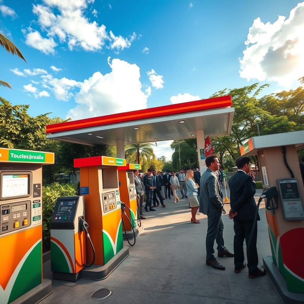 A bustling Brazilian gas station surrounded by lush greenery, depicting several fuel pumps in the foreground with bright, colorful signage. In the middle, a diverse group of people in professional business attire, busy filling up their vehicles and engaging in conversation, showcasing daily life. The background features a clear blue sky with fluffy white clouds, hinting at the effects of climate on fuel consumption. Soft, warm sunlight filters through, casting dynamic shadows and creating a vibrant, engaging atmosphere. Capture the scene from a low angle to emphasize the scale of the gas station, inviting a sense of action and movement while maintaining focus on the station's services. A bustling Brazilian gas station surrounded by lush greenery, depicting several fuel pumps in the foreground with bright, colorful signage. In the middle, a diverse group of people in professional business attire, busy filling up their vehicles and engaging in conversation, showcasing daily life. The background features a clear blue sky with fluffy white clouds, hinting at the effects of climate on fuel consumption. Soft, warm sunlight filters through, casting dynamic shadows and creating a vibrant, engaging atmosphere. Capture the scene from a low angle to emphasize the scale of the gas station, inviting a sense of action and movement while maintaining focus on the station's services.