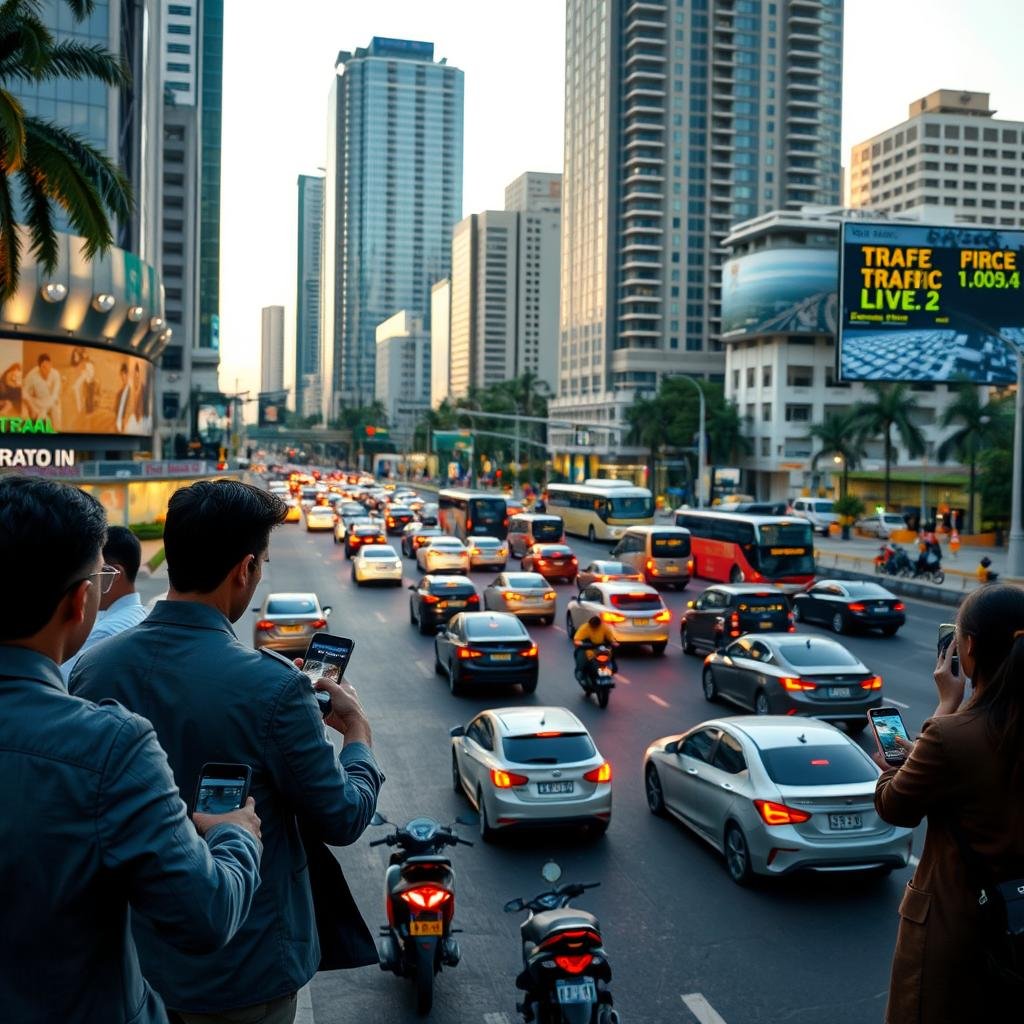 A bustling city intersection showcasing real-time traffic dynamics in Brazil. In the foreground, a diverse group of people in professional attire observes traffic patterns while using smartphones and tablets to access traffic data. The middle ground features a busy road filled with various vehicles, including cars, buses, and motorcycles, displaying brake lights and movement. In the background, tall buildings with digital billboards showing live traffic updates add to the urban atmosphere. The scene is illuminated by soft, diffused lighting typical of late afternoon, enhancing the vibrant colors of vehicles and city life. The mood is energetic yet organized, emphasizing the flow and complexity of real-time traffic. The image captures the essence of understanding traffic variables in a modern urban setting. A bustling city intersection showcasing real-time traffic dynamics in Brazil. In the foreground, a diverse group of people in professional attire observes traffic patterns while using smartphones and tablets to access traffic data. The middle ground features a busy road filled with various vehicles, including cars, buses, and motorcycles, displaying brake lights and movement. In the background, tall buildings with digital billboards showing live traffic updates add to the urban atmosphere. The scene is illuminated by soft, diffused lighting typical of late afternoon, enhancing the vibrant colors of vehicles and city life. The mood is energetic yet organized, emphasizing the flow and complexity of real-time traffic. The image captures the essence of understanding traffic variables in a modern urban setting.
