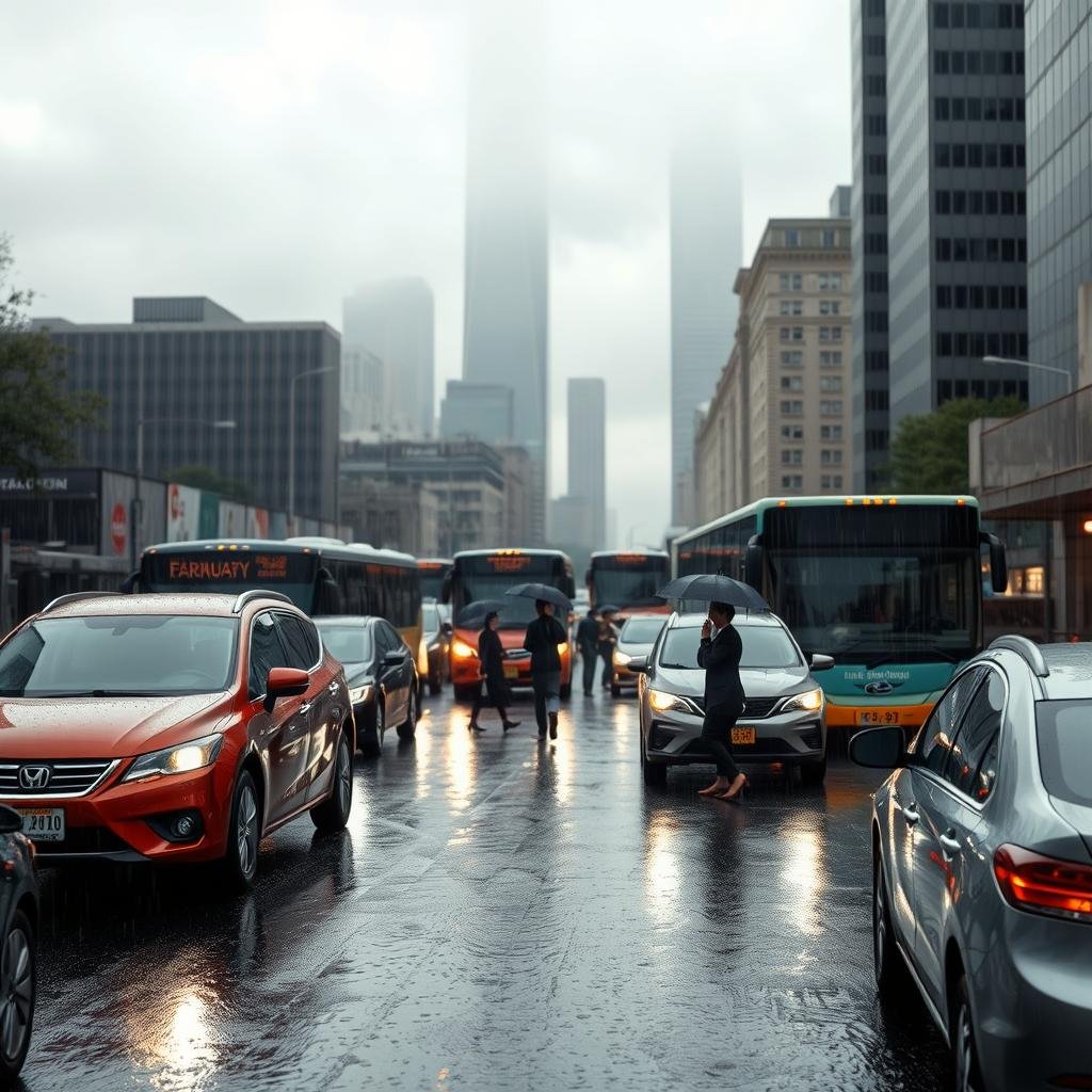 A bustling city street scene during a rainy day, illustrating the impact of weather on traffic conditions. In the foreground, vehicles with their headlights on maneuver through slick, reflective asphalt, showcasing various modern cars and buses. The middle ground features pedestrians in professional attire, holding umbrellas, waiting at a bus stop, while a few are crossing the street cautiously. The background displays skyscrapers shrouded in light mist, with gray clouds overhead creating a moody atmosphere. Soft, diffused lighting highlights the raindrops and creates reflections on the wet pavement. The perspective is slightly elevated, capturing the overall cityscape while emphasizing the controlled chaos of urban traffic in adverse weather.