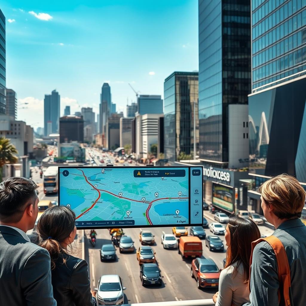 A bustling urban environment in Brazil, showcasing intelligent route planning on a digital map displayed on a large screen. In the foreground, a diverse group of professionals in business attire discuss the routes, analyzing the map with enthusiasm. The middle ground features iconic city landmarks and busy streets filled with vehicles, illustrating the efficiency of smart navigation. The background displays a skyline with modern skyscrapers under a bright blue sky, suggesting a sunny day. Soft, natural lighting enhances the vibrancy of the scene. The overall atmosphere is dynamic and productive, reflecting the theme of fast and effective travel in major urban centers.