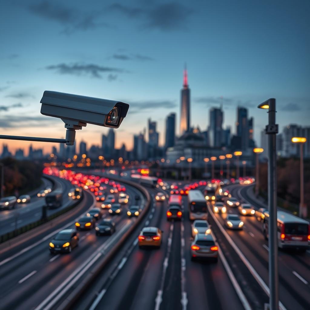 A bustling urban roadway monitored by state-of-the-art traffic cameras, positioned prominently on tall poles. In the foreground, a sleek camera captures the flow of vehicles, showcasing advanced technology with LED indicators and digital displays. The middle ground features a diverse array of cars and buses moving along the thoroughfare, with clear lanes marked by fresh paint. In the background, a city skyline under a dusky sky illuminated by warm streetlights adds a sense of modernity and urgency. The scene is bathed in soft twilight, highlighting the sophistication of traffic monitoring systems. Capture the essence of emerging technologies in road monitoring, with an emphasis on clarity and innovation, providing an atmospheric view.