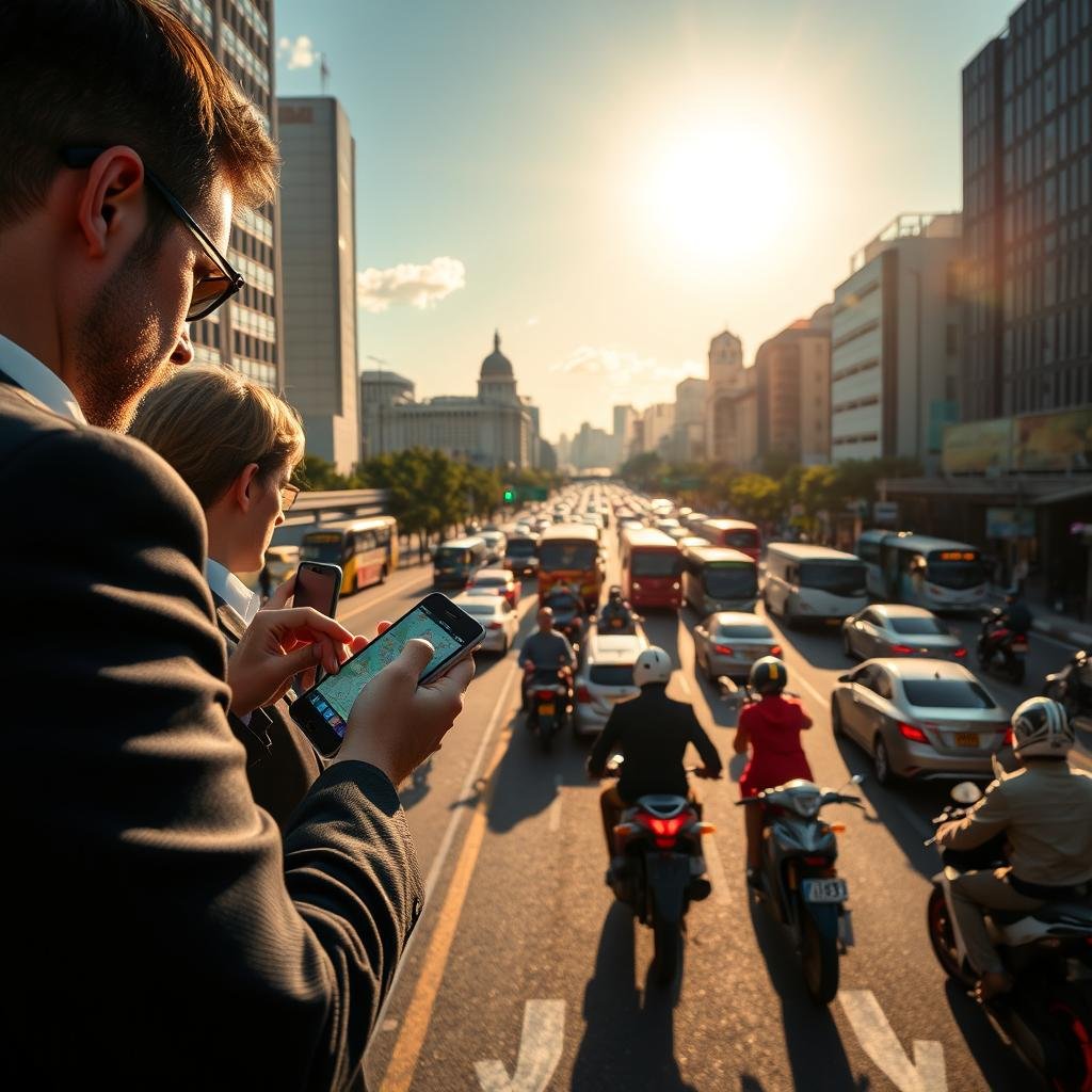 A bustling urban scene showcasing real-time traffic analysis, capturing the vibrant essence of city life in Brazil. In the foreground, a group of professionals in business attire closely examines digital maps on their smartphones, clearly demonstrating their focus on traffic alerts. The middle ground features a busy street packed with various vehicles – cars, buses, and motorcycles – all in motion, creating a sense of urgency and activity. The background reveals a skyline of iconic Brazilian architecture under a bright, sunny sky, with the sun casting realistic shadows on the ground. The atmosphere is dynamic and engaging, highlighting the importance of technology in managing traffic flow effectively, with crisp, vivid colors enhancing the overall impact of the scene. A bustling urban scene showcasing real-time traffic analysis, capturing the vibrant essence of city life in Brazil. In the foreground, a group of professionals in business attire closely examines digital maps on their smartphones, clearly demonstrating their focus on traffic alerts. The middle ground features a busy street packed with various vehicles – cars, buses, and motorcycles – all in motion, creating a sense of urgency and activity. The background reveals a skyline of iconic Brazilian architecture under a bright, sunny sky, with the sun casting realistic shadows on the ground. The atmosphere is dynamic and engaging, highlighting the importance of technology in managing traffic flow effectively, with crisp, vivid colors enhancing the overall impact of the scene.