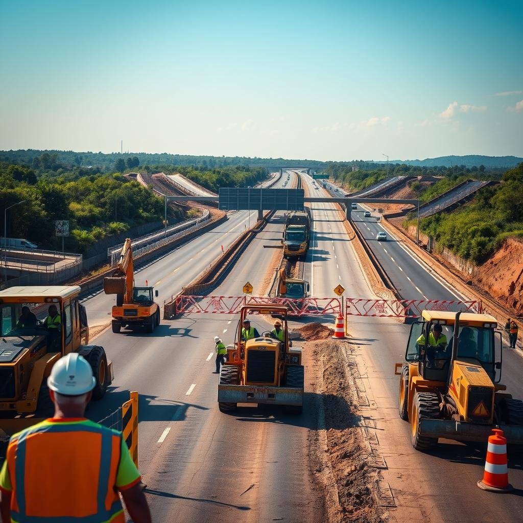 A busy road construction site in Brazil, showcasing ongoing roadway works. In the foreground, construction workers in professional attire are actively using heavy machinery like excavators and bulldozers. The middle ground features partially completed roadways, with caution signs and barriers indicating interdições. The background shows a stretch of highway surrounded by greenery, with a clear blue sky overhead. Soft, warm sunlight creates an atmosphere of productivity and urgency. The scene captures the essence of modernization, with a focus on safety and efficiency. The angle is slightly elevated, providing a broad view of the construction activities, emphasizing both craftsmanship and the scope of the project. A busy road construction site in Brazil, showcasing ongoing roadway works. In the foreground, construction workers in professional attire are actively using heavy machinery like excavators and bulldozers. The middle ground features partially completed roadways, with caution signs and barriers indicating interdições. The background shows a stretch of highway surrounded by greenery, with a clear blue sky overhead. Soft, warm sunlight creates an atmosphere of productivity and urgency. The scene captures the essence of modernization, with a focus on safety and efficiency. The angle is slightly elevated, providing a broad view of the construction activities, emphasizing both craftsmanship and the scope of the project.
