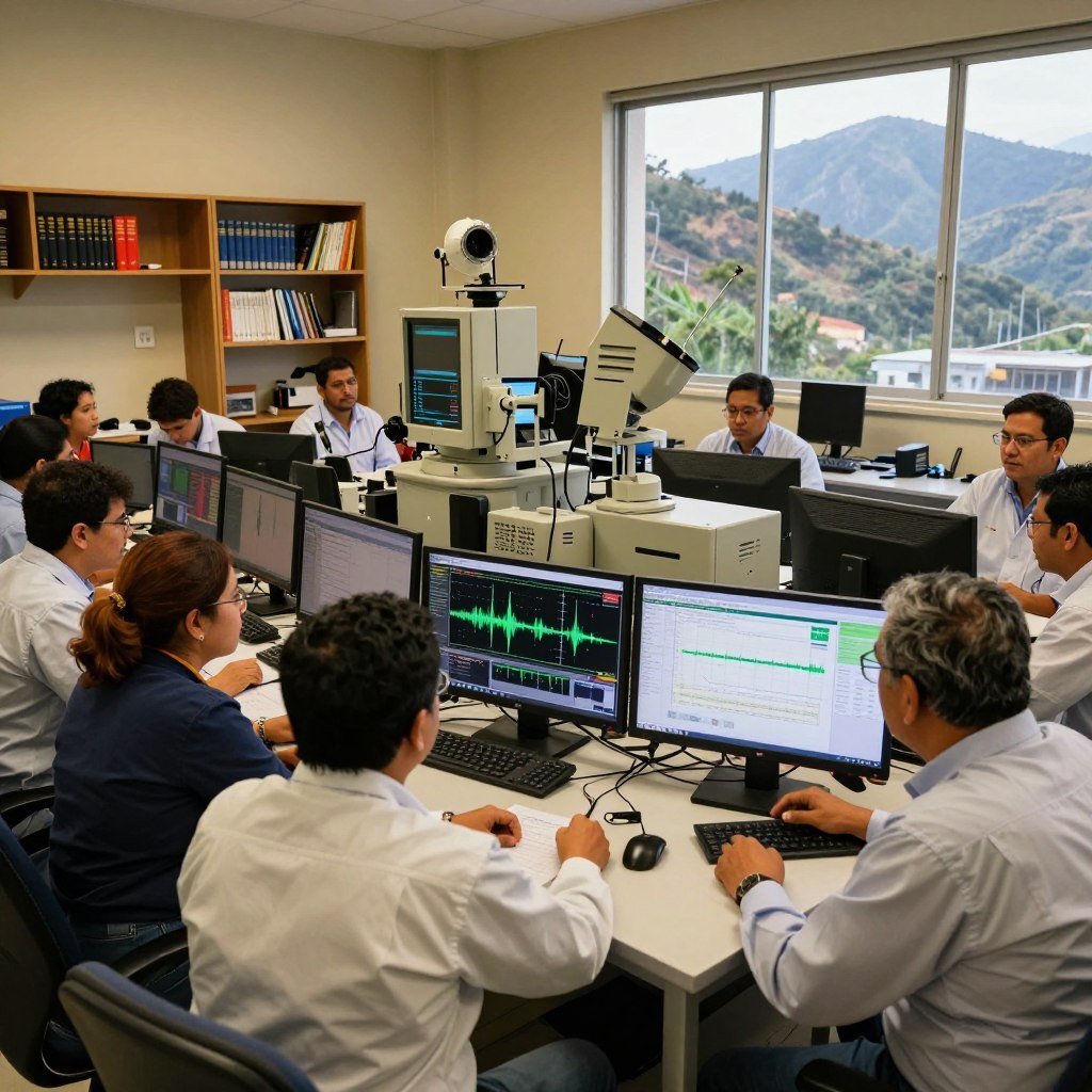 A busy seismic monitoring center in Venezuela, featuring advanced technology and scientists engaged in data analysis. In the foreground, a diverse group of professionals in smart attire intensely observing seismic data on large screens, pointing at graphs and charts. The middle ground showcases sophisticated seismographs and monitors displaying real-time seismic activity. The background includes shelves with geological reference books and a large window revealing a mountainous landscape, hinting at the geological context. Soft, warm lighting illuminates the room, creating a focused and collaborative atmosphere. The overall mood is one of scientific dedication and urgency in monitoring seismic events.