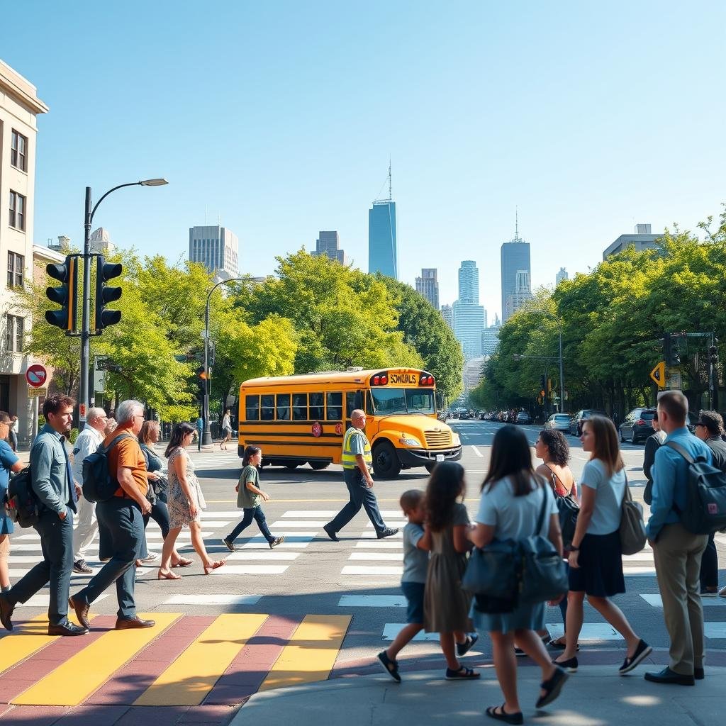 A busy urban intersection illustrating safe traffic practices, with a focus on educating drivers. In the foreground, a diverse group of pedestrians—including men and women in professional attire—wait patiently at a crosswalk, demonstrating awareness of traffic signals. In the middle ground, a parked school bus displays bright safety signage, while a traffic officer, also in uniform, is actively assisting children crossing the street safely. The background features a city skyline under a clear blue sky, with vibrant green trees lining the streets. Soft, natural lighting enhances the scene, capturing a hopeful and responsible atmosphere for community road safety. The angle is slightly elevated, providing a comprehensive view of the interaction between pedestrians and vehicles, aiming to evoke a sense of security and civic responsibility.