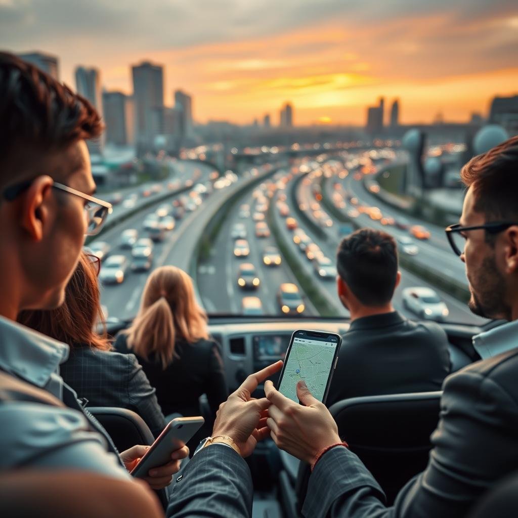 A busy urban scene depicting alternative routes in a city during rush hour. In the foreground, a diverse group of professional drivers in business attire, appearing contemplative as they observe a digital navigation map on their smartphones. The middle ground showcases a series of winding, less-traveled roads filled with vehicles navigating their way to avoid traffic jams. The background features blurred imagery of congested highways under a dusky sky, casting a warm orange glow of sunset. Soft lighting enhances the mood, conveying a sense of urgency yet hopefulness. The lens perspective is slightly elevated, emphasizing both the complexity of the urban environment and the drivers' thoughtful faces. The atmosphere is a blend of tension and resilience in the face of urban traffic challenges. A busy urban scene depicting alternative routes in a city during rush hour. In the foreground, a diverse group of professional drivers in business attire, appearing contemplative as they observe a digital navigation map on their smartphones. The middle ground showcases a series of winding, less-traveled roads filled with vehicles navigating their way to avoid traffic jams. The background features blurred imagery of congested highways under a dusky sky, casting a warm orange glow of sunset. Soft lighting enhances the mood, conveying a sense of urgency yet hopefulness. The lens perspective is slightly elevated, emphasizing both the complexity of the urban environment and the drivers' thoughtful faces. The atmosphere is a blend of tension and resilience in the face of urban traffic challenges.