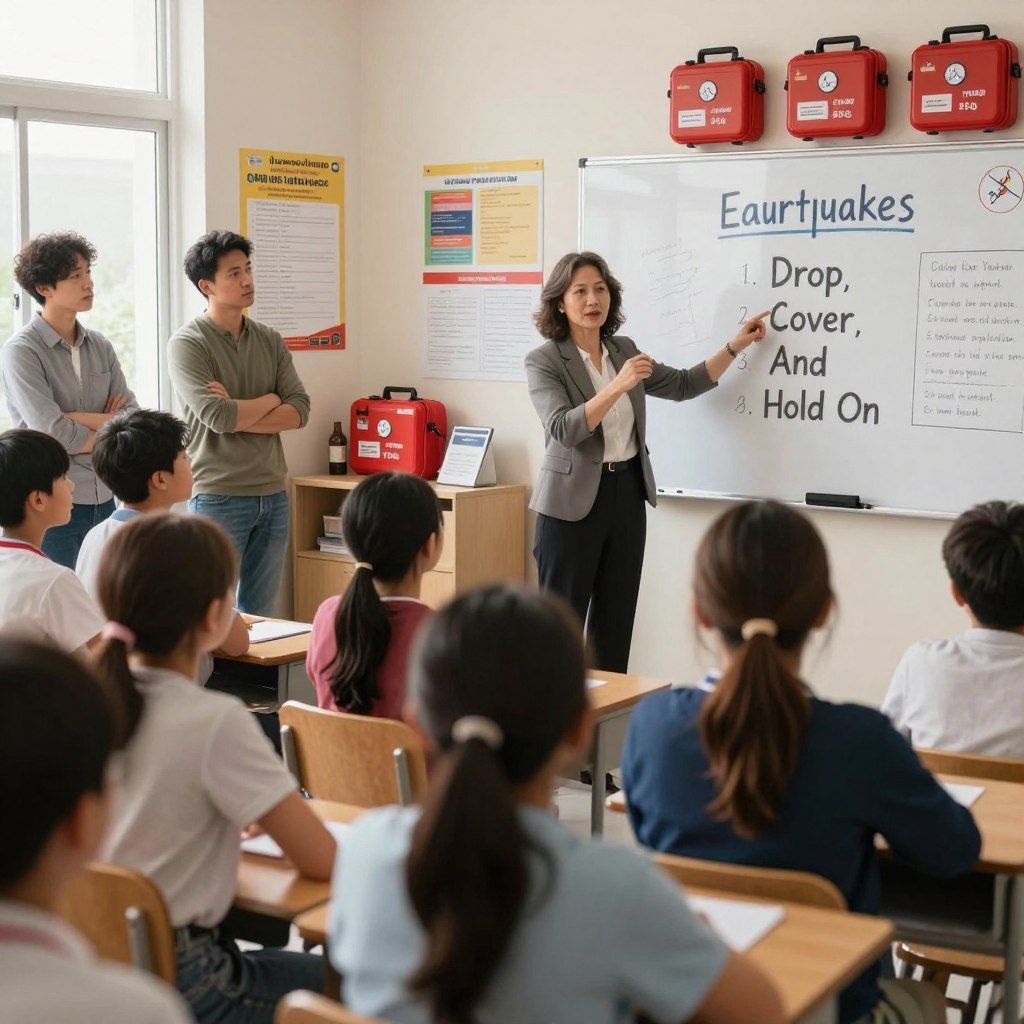 A classroom setting focused on earthquake safety education, with a diverse group of adults and children attentively listening to a knowledgeable instructor. In the foreground, display a whiteboard illustrating key safety tips for earthquakes, such as "Drop, Cover, and Hold On." In the middle, show the instructor—a middle-aged woman in professional attire—demonstrating the safety techniques. The background features an array of educational materials, like posters and emergency kits. Soft, natural lighting filters in through a window, creating an inviting atmosphere that encourages learning and preparedness. The overall mood is serious yet hopeful, reflecting the importance of education in safety during earthquakes.