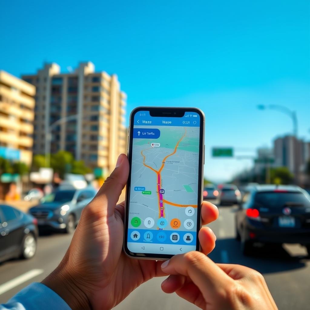 A close-up of a smartphone displaying the Waze navigation app on its screen, showing a vibrant map with live traffic details and a route highlighted in bright colors. In the foreground, hands in modest casual clothing are holding the phone as it points toward the road. In the middle ground, a blurred view of a busy Brazilian street, with various vehicles in motion, capturing the essence of community navigation. The background features city buildings under a clear blue sky, reflecting a sunny day. The lighting is bright and natural, emphasizing the importance of community in real-time traffic updates. The atmosphere feels dynamic and engaging, celebrating the collaborative aspect of navigation in Brazil. A close-up of a smartphone displaying the Waze navigation app on its screen, showing a vibrant map with live traffic details and a route highlighted in bright colors. In the foreground, hands in modest casual clothing are holding the phone as it points toward the road. In the middle ground, a blurred view of a busy Brazilian street, with various vehicles in motion, capturing the essence of community navigation. The background features city buildings under a clear blue sky, reflecting a sunny day. The lighting is bright and natural, emphasizing the importance of community in real-time traffic updates. The atmosphere feels dynamic and engaging, celebrating the collaborative aspect of navigation in Brazil.