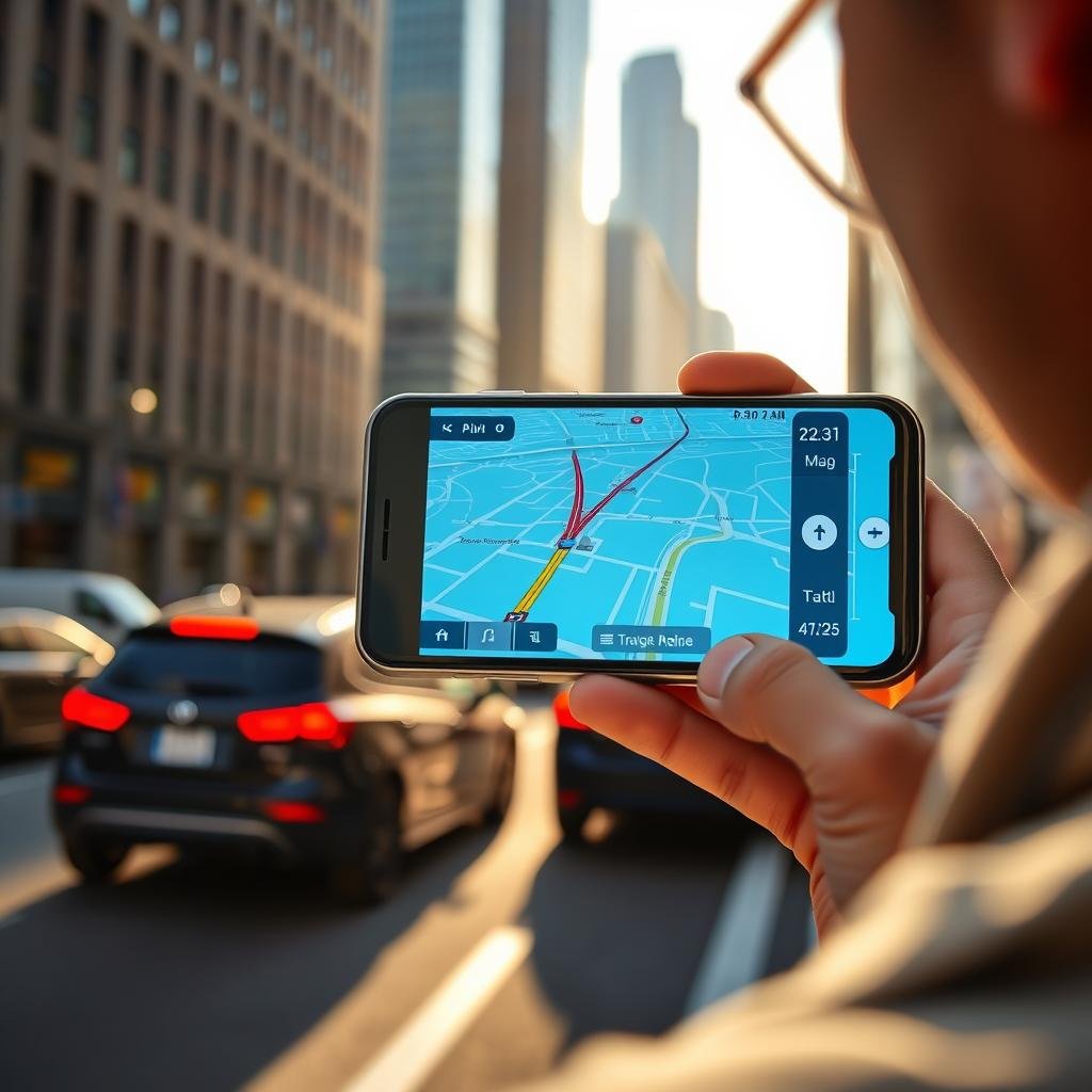 A close-up view of a smartphone displaying a navigation app for traffic management, set against the backdrop of a bustling city street. In the foreground, the smartphone screen vividly shows a real-time map with traffic conditions indicated by color-coded lines. A professional individual in modest casual clothing is holding the phone, analyzing the navigation details. In the middle ground, blurred but recognizable silhouettes of cars in a traffic jam reflect the common challenges faced by users of navigation apps. The background features tall city buildings, creating an urban atmosphere, with warm, natural lighting streaming through the scene. The overall mood is focused and engaging, emphasizing the challenges and common mistakes made when using navigation apps.
