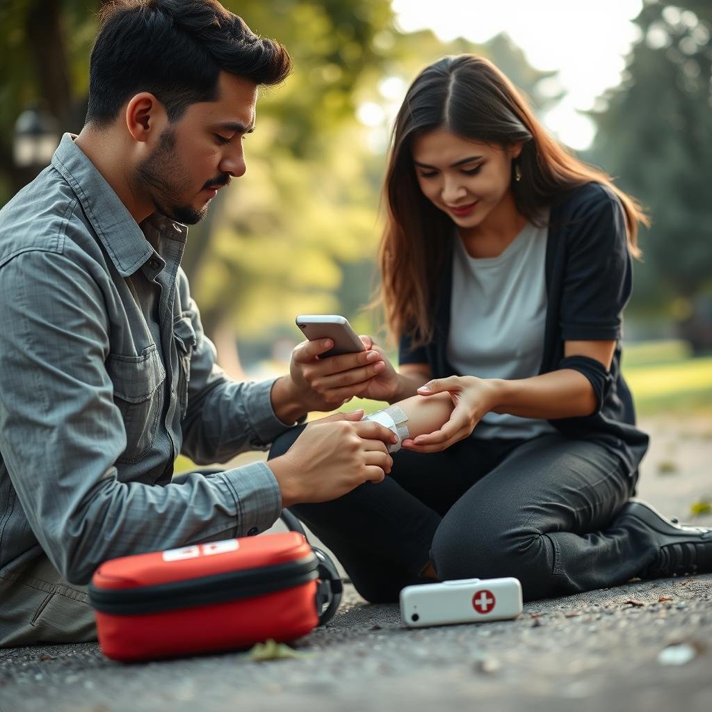 A compassionate scene depicting a professional in modest casual clothing providing basic first aid to an injured person. The foreground shows the first aider kneeling beside the casualty, applying a bandage to a slight arm injury with focused expression and gentle care. In the middle background, a small first aid kit and a cellphone are visible, hinting at the preparedness and communication in emergencies. The setting is an outdoor park with soft, natural lighting filtering through trees, creating a serene yet urgent atmosphere. The viewpoint is slightly low, capturing the intensity of the moment from an empathic angle. The overall mood embodies a sense of urgency and dedication, emphasizing the importance of immediate care before professional help arrives.