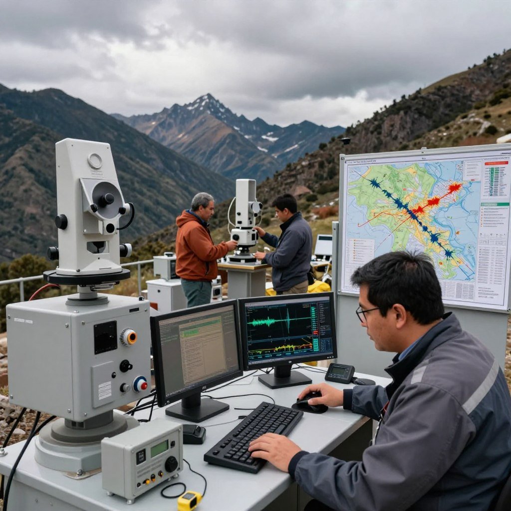 A complex seismic monitoring station in a mountainous landscape of Latin America, showcasing sophisticated equipment like seismometers and computers processing data. In the foreground, an expert in professional attire analyzes seismic data on a digital screen, deeply focused. In the middle, technicians are calibrating monitoring devices, surrounded by topographical maps demonstrating seismic risk areas. The background features dramatic mountain ranges under a dynamic sky, with a sense of motion, suggesting the power of the Earth beneath. Soft, natural light illuminates the scene, emphasizing the seriousness of earthquake monitoring. The atmosphere is one of urgency and precision, reflecting the importance of understanding seismic activity in vulnerable regions. A complex seismic monitoring station in a mountainous landscape of Latin America, showcasing sophisticated equipment like seismometers and computers processing data. In the foreground, an expert in professional attire analyzes seismic data on a digital screen, deeply focused. In the middle, technicians are calibrating monitoring devices, surrounded by topographical maps demonstrating seismic risk areas. The background features dramatic mountain ranges under a dynamic sky, with a sense of motion, suggesting the power of the Earth beneath. Soft, natural light illuminates the scene, emphasizing the seriousness of earthquake monitoring. The atmosphere is one of urgency and precision, reflecting the importance of understanding seismic activity in vulnerable regions.