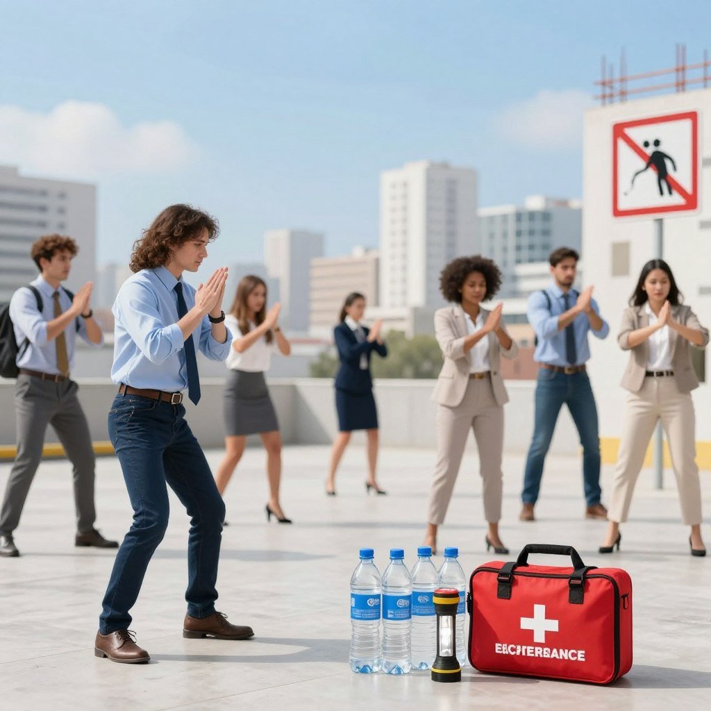 A comprehensive scene depicting earthquake safety measures in a South American context. In the foreground, a diverse group of individuals in professional attire, including a man and woman, are demonstrating the proper "drop, cover, and hold on" technique in an open, well-lit space. The middle ground features a detailed emergency preparedness kit, showcasing items like a flashlight, water bottles, and a first aid kit, emphasizing preparedness. In the background, faint outlines of a cityscape with seismic safety signs and reinforced structures indicate an earthquake-prone environment. The lighting is bright and inviting, creating a sense of readiness, while a clear blue sky adds optimism. The image conveys urgency and responsibility, inspiring viewers to prioritize safety.