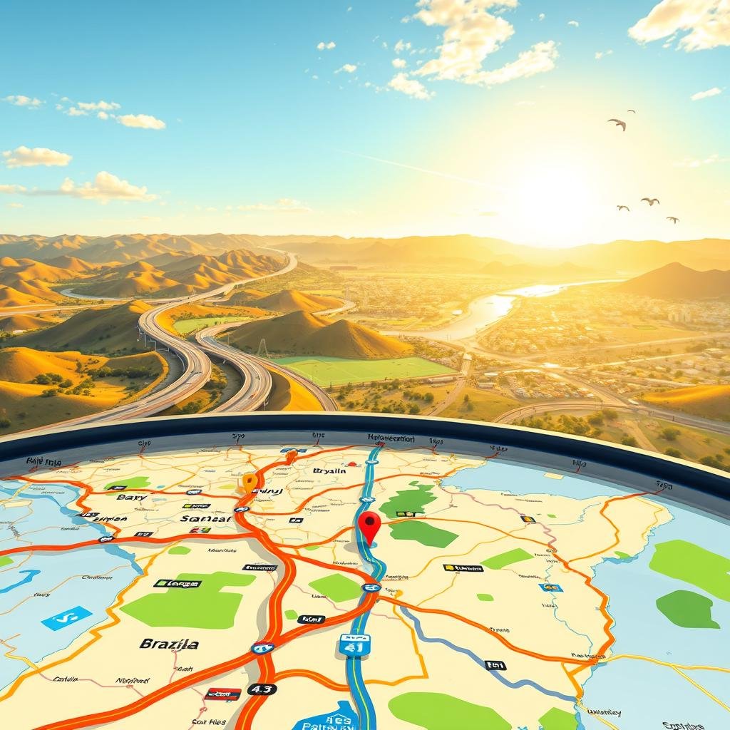 A detailed and vibrant illustration of Brazilian road maps, showcasing intricate highways, state borders, and geographical features. The foreground features a close-up of a stylized road map with highlighted routes, traffic symbols, and colorful markers denoting important stops or landmarks. In the middle ground, depict a panoramic view of a digital navigation interface overlaying the map, illustrating modern navigation technologies such as GPS and smartphone apps. The background should include a scenic depiction of the Brazilian landscape with rolling hills and urban areas, bathed in warm sunlight, hinting at the diversity of journeys possible. The atmosphere should convey a sense of exploration and adventure, inviting viewers to ponder the vast network of roads in Brazil. A detailed and vibrant illustration of Brazilian road maps, showcasing intricate highways, state borders, and geographical features. The foreground features a close-up of a stylized road map with highlighted routes, traffic symbols, and colorful markers denoting important stops or landmarks. In the middle ground, depict a panoramic view of a digital navigation interface overlaying the map, illustrating modern navigation technologies such as GPS and smartphone apps. The background should include a scenic depiction of the Brazilian landscape with rolling hills and urban areas, bathed in warm sunlight, hinting at the diversity of journeys possible. The atmosphere should convey a sense of exploration and adventure, inviting viewers to ponder the vast network of roads in Brazil.