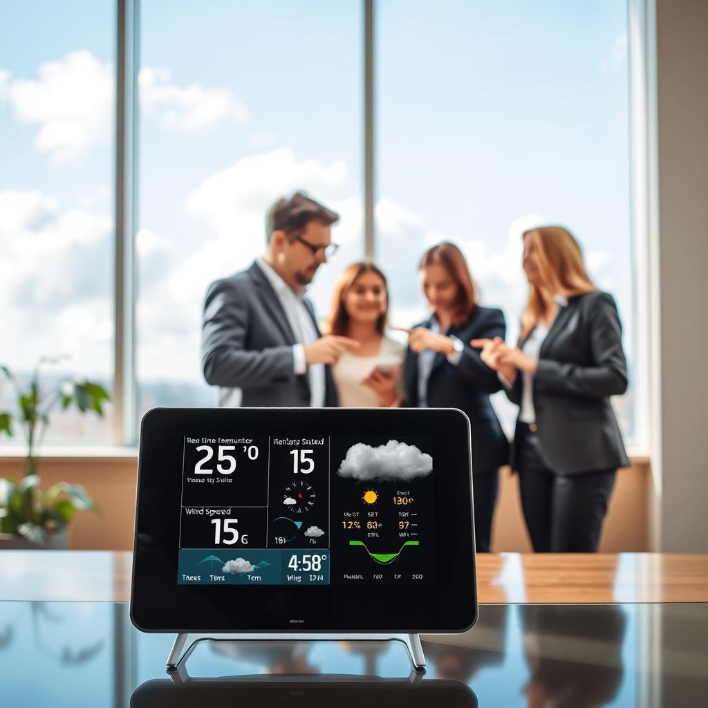 A detailed climate monitor displayed prominently in the foreground, showcasing a digital screen with real-time weather data such as temperature, humidity, and wind speed. The monitor is sleek, with a modern design, surrounded by a warm, professional office environment. In the middle ground, a diverse group of three people, dressed in business attire, discuss the information on the monitor, pointing at various metrics with expressions of interest and engagement. In the background, a large window reveals a clear blue sky and fluffy clouds, suggesting favorable weather conditions. Soft natural lighting filters through the window, creating a bright, inviting atmosphere. The composition focuses on the interaction between technology and people, emphasizing the accessibility and interpretation of climate information.