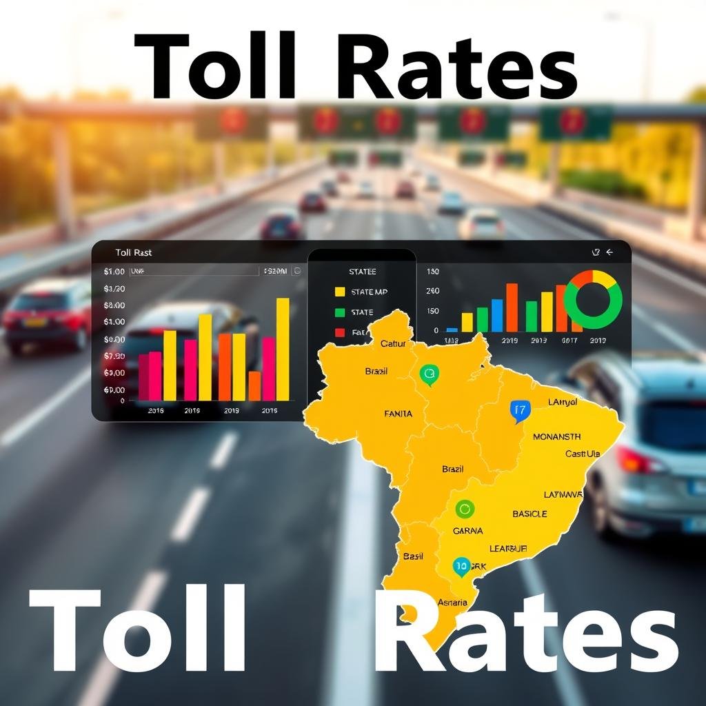 A detailed comparison of toll rates in Brazil, visually represented in a striking infographic style. In the foreground, a stylized map of Brazil highlights various states, each marked with colorful icons representing different toll rates. In the middle ground, a sleek digital dashboard showcases bar graphs and pie charts that represent the comparative toll costs, using vibrant colors for clarity. The background features a blurred image of highways and toll booths, creating a sense of motion and transport. Soft, natural lighting enhances the overall composition, while a slight tilt-angle gives a dynamic perspective. The atmosphere is professional and informative, aimed at educating viewers about toll costs across different regions. No text or overlay elements are included in the image.