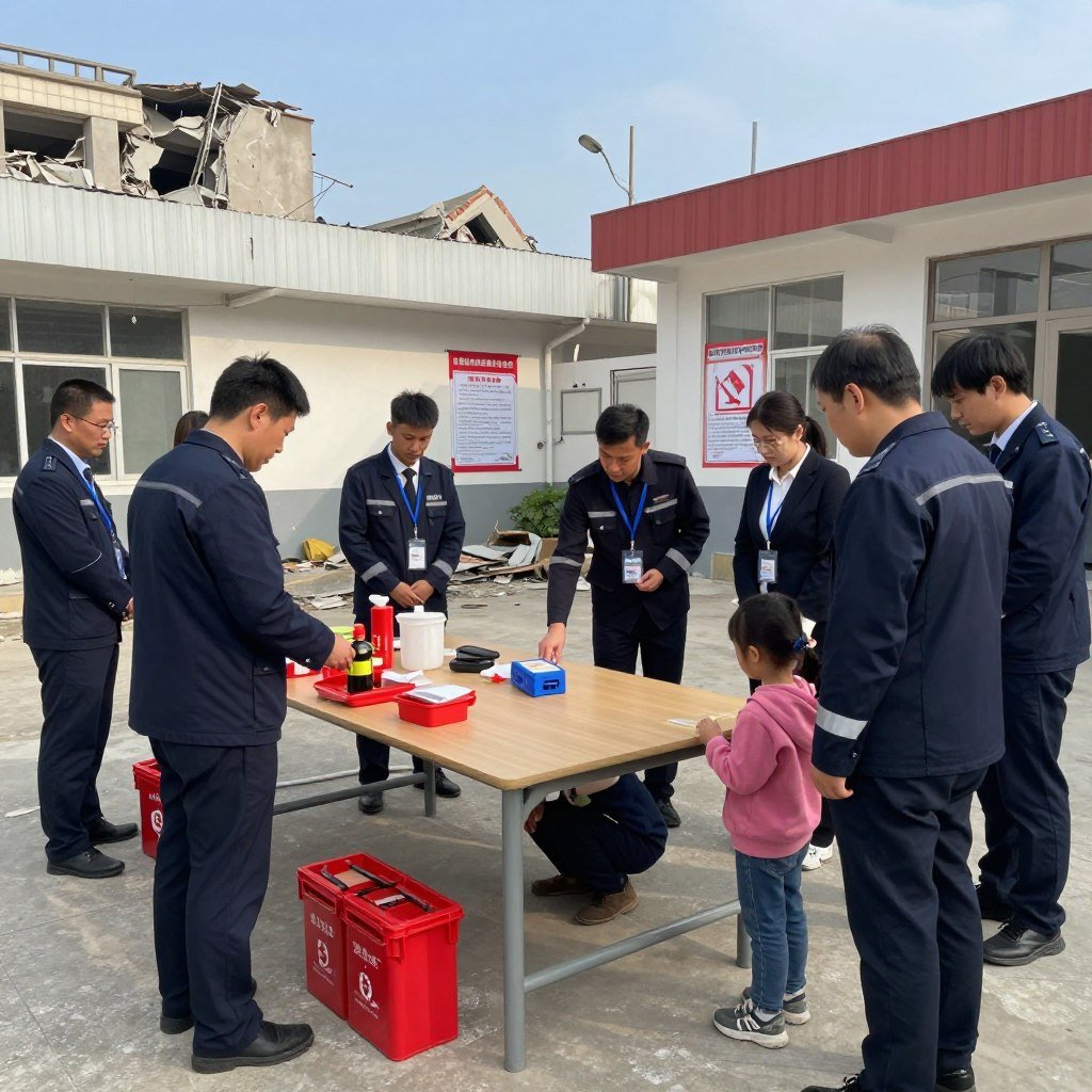 A detailed emergency response scene illustrating "protocols for safety during seismic tremors." In the foreground, a group of diverse individuals in professional attire are calmly executing safety procedures: one person is checking emergency supplies, while another is guiding a child to a safe spot under a sturdy table. In the middle ground, a community center is depicted, with posters about earthquake safety visible on the walls. The background shows a partially damaged urban landscape, with clear blue skies above, contrasting the chaos. The atmosphere is tense yet organized, emphasizing preparedness and teamwork. Soft, natural lighting enhances the scene, creating a realistic and urgent mood. The image is captured with a wide-angle lens to provide depth and context.