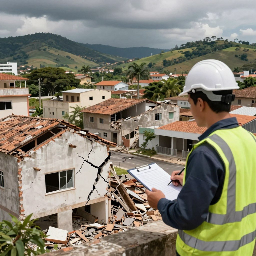 A detailed illustration depicting risk assessment and damage evaluation in buildings affected by earthquakes in Brazil. In the foreground, a skilled engineer in professional attire examines a damaged structure with a clipboard, focused on cracks and structural integrity. The middle ground features various residential buildings and a commercial structure, showcasing visible signs of earthquake damage, such as fissures, leaning walls, and broken windows. The background presents a scenic Brazilian landscape with rolling hills and palm trees, under a dramatic sky that hints at an aftershock. Use natural daylight to illuminate the scene, highlighting textures of the damaged buildings. The atmosphere should evoke a sense of urgency and professionalism, capturing the critical nature of structural assessments following seismic events. A detailed illustration depicting risk assessment and damage evaluation in buildings affected by earthquakes in Brazil. In the foreground, a skilled engineer in professional attire examines a damaged structure with a clipboard, focused on cracks and structural integrity. The middle ground features various residential buildings and a commercial structure, showcasing visible signs of earthquake damage, such as fissures, leaning walls, and broken windows. The background presents a scenic Brazilian landscape with rolling hills and palm trees, under a dramatic sky that hints at an aftershock. Use natural daylight to illuminate the scene, highlighting textures of the damaged buildings. The atmosphere should evoke a sense of urgency and professionalism, capturing the critical nature of structural assessments following seismic events.