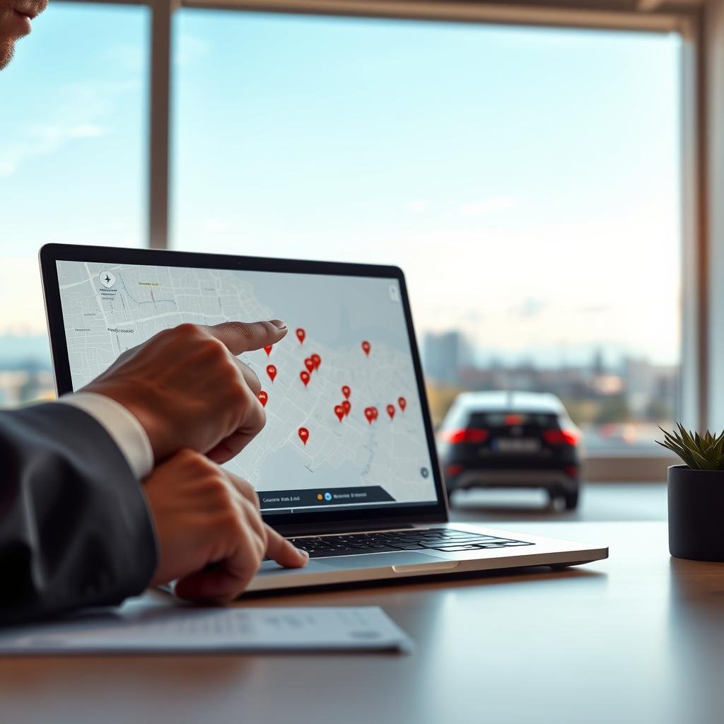 A detailed, informative scene depicting a digital map with highlighted "critical points" indicating dangerous driving areas. In the foreground, a person in professional business attire is focused on a laptop displaying the map, with their finger pointing at a highlighted area. In the middle ground, a blurred cityscape suggests urban driving conditions, while a few faint outlines of cars are visible, indicating the traffic scenario. In the background, a clear blue sky contrasts with distant, soft clouds, adding a sense of calm amidst the seriousness of road safety. Soft, natural lighting from a nearby window illuminates the space, creating an atmosphere of careful analysis and awareness. The image should convey a blend of caution and professionalism without any text or symbols. A detailed, informative scene depicting a digital map with highlighted "critical points" indicating dangerous driving areas. In the foreground, a person in professional business attire is focused on a laptop displaying the map, with their finger pointing at a highlighted area. In the middle ground, a blurred cityscape suggests urban driving conditions, while a few faint outlines of cars are visible, indicating the traffic scenario. In the background, a clear blue sky contrasts with distant, soft clouds, adding a sense of calm amidst the seriousness of road safety. Soft, natural lighting from a nearby window illuminates the space, creating an atmosphere of careful analysis and awareness. The image should convey a blend of caution and professionalism without any text or symbols.