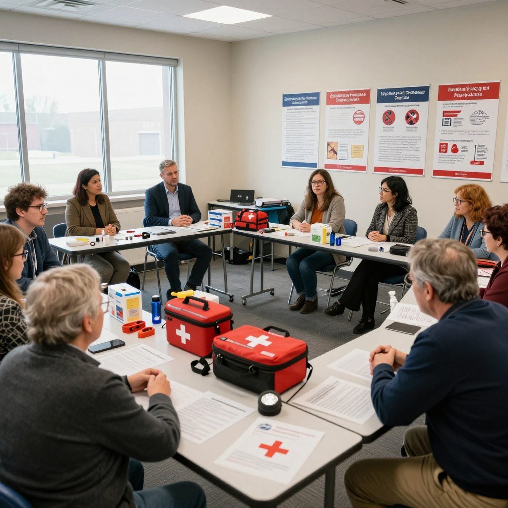 A detailed scene depicting a well-organized emergency preparedness workshop in a community center. In the foreground, a diverse group of adults, dressed in professional and modest casual clothing, enthusiastically engage in discussions. They are surrounded by tables filled with emergency kits, survival gear like flashlights and first aid supplies, and educational materials about natural disaster preparedness. In the middle ground, posters on the walls highlight key information on safety measures and emergency contacts. The background shows large windows letting in soft, natural light, creating an inviting atmosphere. The mood is focused and collaborative, emphasizing the importance of building community resilience against natural disasters. The image captures a well-lit, clear view of the setting, taken from an angle that showcases both the participants and the informative displays. A detailed scene depicting a well-organized emergency preparedness workshop in a community center. In the foreground, a diverse group of adults, dressed in professional and modest casual clothing, enthusiastically engage in discussions. They are surrounded by tables filled with emergency kits, survival gear like flashlights and first aid supplies, and educational materials about natural disaster preparedness. In the middle ground, posters on the walls highlight key information on safety measures and emergency contacts. The background shows large windows letting in soft, natural light, creating an inviting atmosphere. The mood is focused and collaborative, emphasizing the importance of building community resilience against natural disasters. The image captures a well-lit, clear view of the setting, taken from an angle that showcases both the participants and the informative displays.