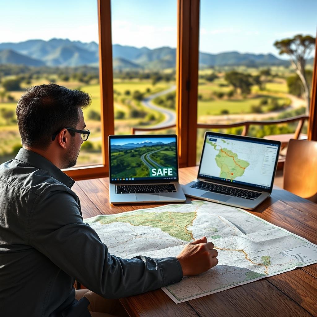 A detailed scene illustrating route planning for safe driving in remote regions of Brazil. In the foreground, a professional man in a smart casual outfit is studying a large map spread across a wooden table. A laptop displays a mapping software with highlighted safe routes. In the middle ground, a window shows a lush green landscape with winding roads and distant mountains, symbolizing remote locations. The background features a rustic setting with trees and open fields under a clear blue sky, suggesting tranquility and safety. The lighting is warm and natural, casting soft shadows, creating an inviting and focused atmosphere. The lens captures the scene from a slightly elevated angle, enhancing the depth and context of safe route planning.