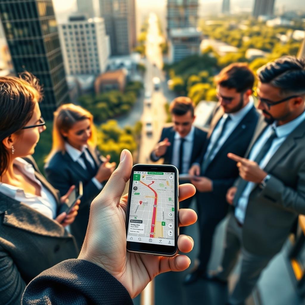 A detailed street map interface of a modern navigation application, showcasing Bing Maps' features, including route guidance and corporate service integration. In the foreground, a sleek smartphone displays a vibrant map with real-time traffic updates and navigation arrows. The middle ground features diverse professionals in business attire, engaging with the app on their devices, discussing the map, and pointing at the screen, symbolizing teamwork. The background illustrates an urban landscape with skyscrapers and green spaces, bathed in warm afternoon light to create an inviting atmosphere. A slight perspective from above, giving a dynamic angle to the scene, while ensuring clarity and focus on the map interface. The overall mood is collaborative and innovative, embodying the essence of advanced navigation technology. A detailed street map interface of a modern navigation application, showcasing Bing Maps' features, including route guidance and corporate service integration. In the foreground, a sleek smartphone displays a vibrant map with real-time traffic updates and navigation arrows. The middle ground features diverse professionals in business attire, engaging with the app on their devices, discussing the map, and pointing at the screen, symbolizing teamwork. The background illustrates an urban landscape with skyscrapers and green spaces, bathed in warm afternoon light to create an inviting atmosphere. A slight perspective from above, giving a dynamic angle to the scene, while ensuring clarity and focus on the map interface. The overall mood is collaborative and innovative, embodying the essence of advanced navigation technology.