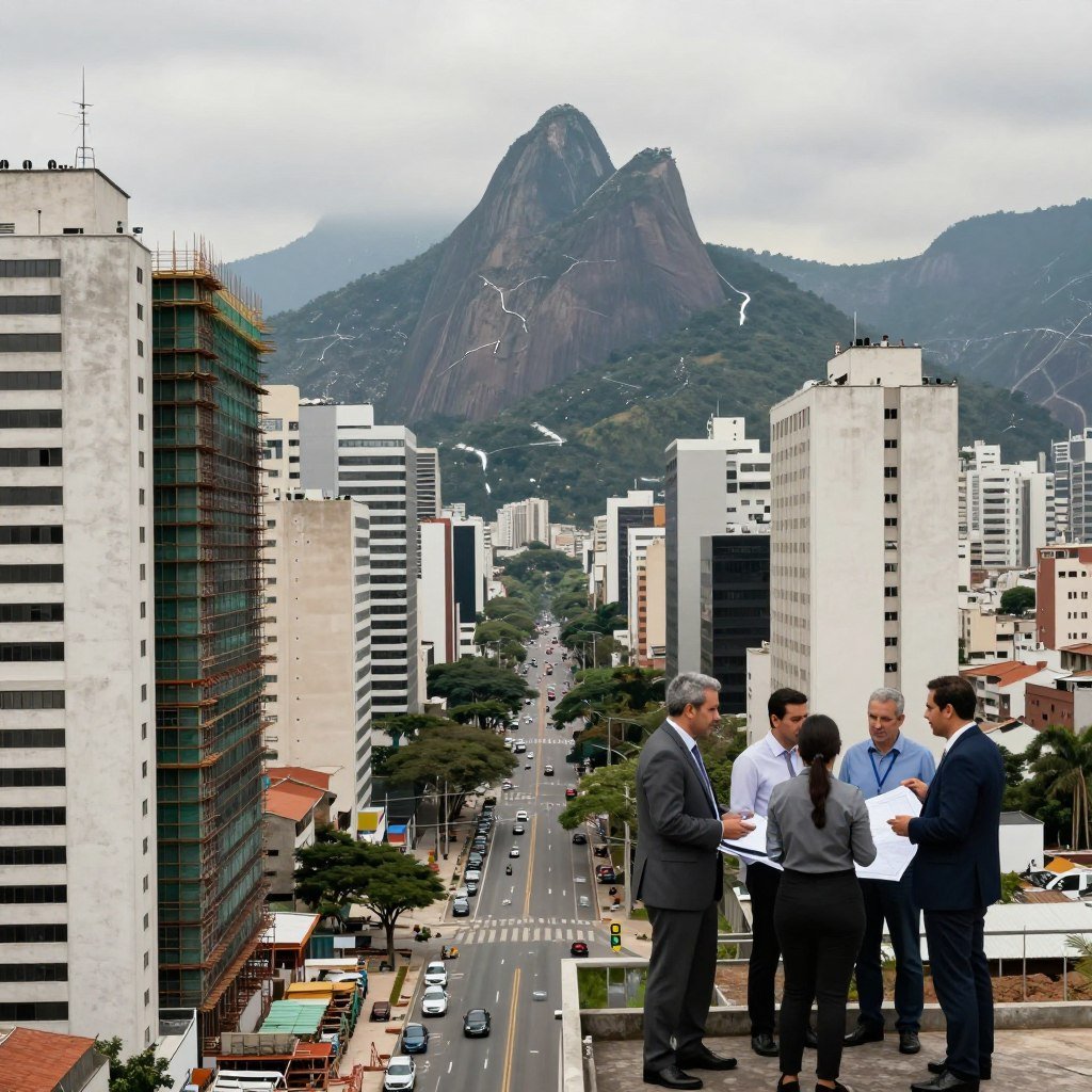 A detailed urban landscape illustrating the relationship between urbanization and seismic risks in Brazil. In the foreground, a bustling city street is seen with skyscrapers, modern buildings, and construction sites displaying both advanced architecture and visible signs of seismic retrofitting. In the middle ground, a group of professionals in business attire are gathered, discussing urban planning amid the backdrop of a high-rise. The background features a mountainous horizon, hinting at tectonic activity, with subtle geological cracks visible in the earth. The sky is overcast, suggesting a somber mood reflecting the seriousness of earthquake preparedness. Soft, diffused lighting enhances the complexity of the scene, while a wide-angle lens captures both the urban and natural environments harmoniously.