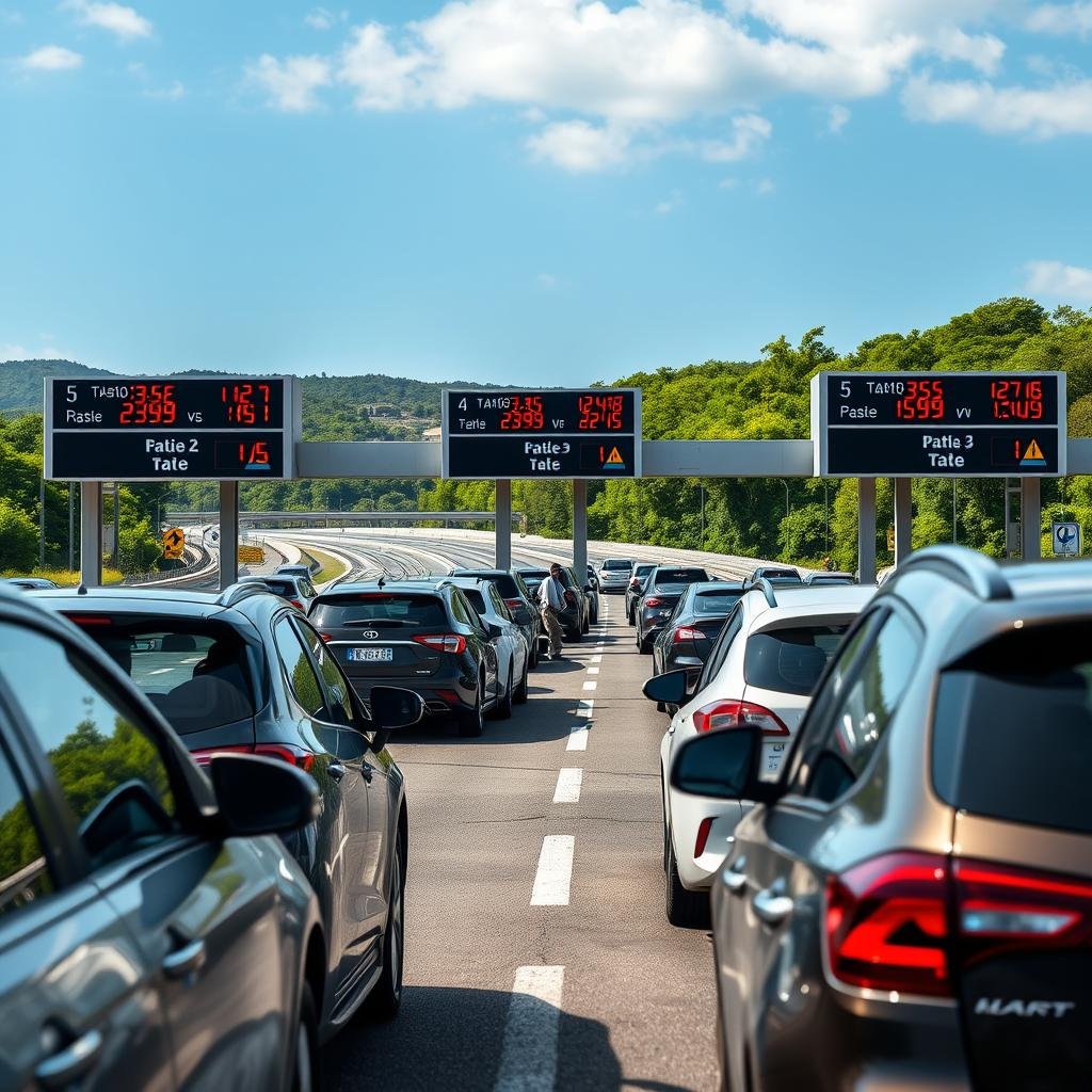 A detailed view of a Brazilian toll plaza, showcasing multiple lanes with clear toll booths displaying digital rate boards showing updated prices. In the foreground, several cars are waiting in line to pay their tolls, with drivers appearing focused and attentive. The middle ground should feature staff members in professional attire assisting motorists, emphasizing a sense of organization and efficiency. The background presents lush Brazilian landscapes, with vibrant green trees and a clear blue sky, creating a contrasting yet harmonious atmosphere. Soft, natural lighting highlights the scene, capturing the essence of a busy day at a toll station. The overall mood is one of clarity and professionalism, inviting viewers to understand the toll process effectively.