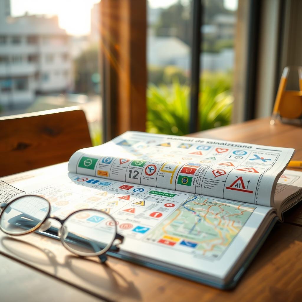 A detailed view of an open "manual de sinalização viária" on a wooden table, showcasing bright, colorful diagrams and symbols for different traffic signs used in Brazil. In the foreground, there is a pair of reading glasses and a pencil, suggesting a study or analysis context. The middle ground features the open manual revealing pages filled with various signs and their meanings, while a city map with highlighted routes is partially visible beside it. The background presents a softly blurred outdoor scene with a hint of urban architecture and greenery, illuminated by warm, natural sunlight streaming through a window, creating an inviting and educational atmosphere. The image should feel informative and engaging, celebrating the integration of traffic signaling in map updating. A detailed view of an open "manual de sinalização viária" on a wooden table, showcasing bright, colorful diagrams and symbols for different traffic signs used in Brazil. In the foreground, there is a pair of reading glasses and a pencil, suggesting a study or analysis context. The middle ground features the open manual revealing pages filled with various signs and their meanings, while a city map with highlighted routes is partially visible beside it. The background presents a softly blurred outdoor scene with a hint of urban architecture and greenery, illuminated by warm, natural sunlight streaming through a window, creating an inviting and educational atmosphere. The image should feel informative and engaging, celebrating the integration of traffic signaling in map updating.