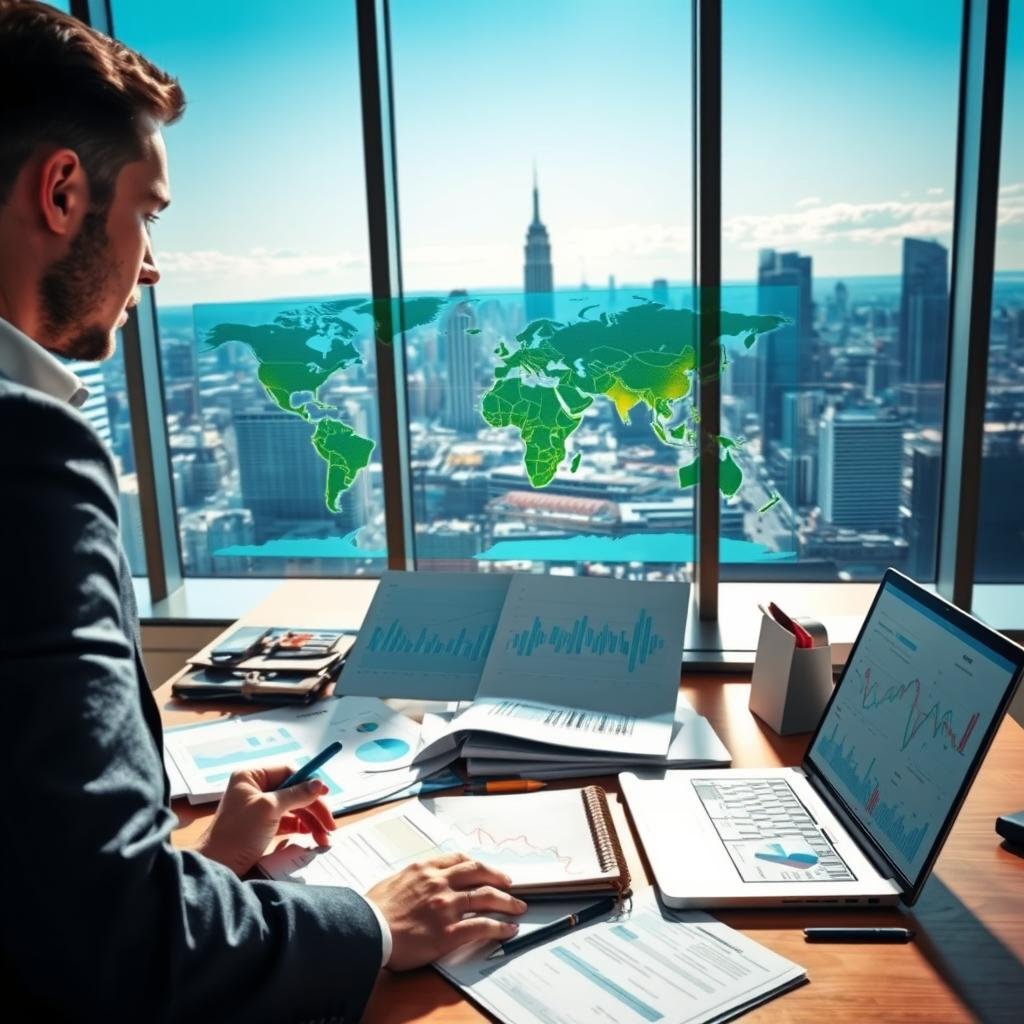 A detailed visualization of geolocation data analysis tools in an office environment. In the foreground, a professional, focused individual, dressed in business attire, is examining an interactive global map on a large touchscreen display. The middle layer features a desk cluttered with various data charts, graphs on a laptop, and a notebook filled with analytical notes. In the background, a large window reveals a bustling cityscape under a bright blue sky. Soft, natural lighting illuminates the scene, creating a productive atmosphere. Emphasize the interaction with digital data and geographic layers, showcasing the importance of georeferencing in modern digital strategy. The image should convey a sense of innovation, analysis, and professionalism. A detailed visualization of geolocation data analysis tools in an office environment. In the foreground, a professional, focused individual, dressed in business attire, is examining an interactive global map on a large touchscreen display. The middle layer features a desk cluttered with various data charts, graphs on a laptop, and a notebook filled with analytical notes. In the background, a large window reveals a bustling cityscape under a bright blue sky. Soft, natural lighting illuminates the scene, creating a productive atmosphere. Emphasize the interaction with digital data and geographic layers, showcasing the importance of georeferencing in modern digital strategy. The image should convey a sense of innovation, analysis, and professionalism.