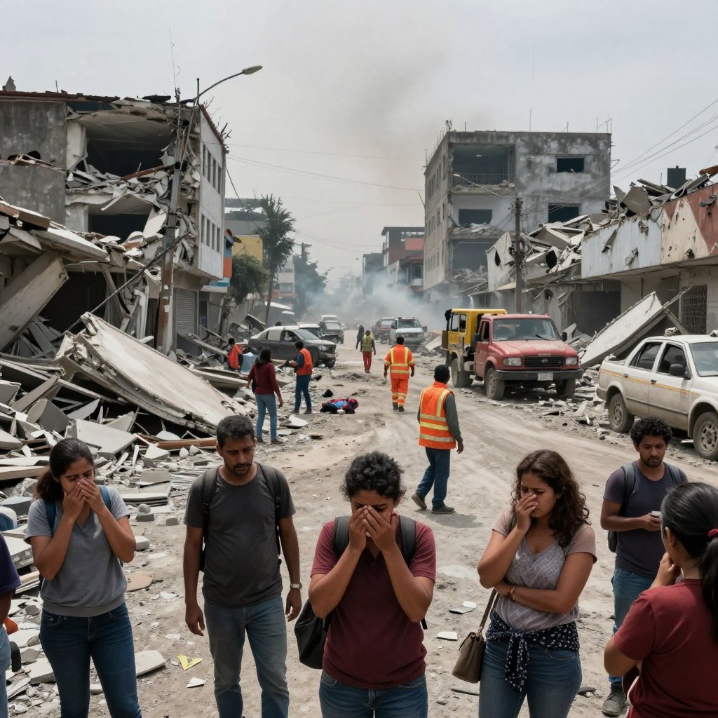 A devastated urban landscape following a significant earthquake in Latin America. In the foreground, a group of people in modest casual clothing, demonstrating expressions of grief and concern, assess the destruction around them. The middle ground shows collapsed buildings and rubble, with emergency services working diligently to rescue trapped individuals. In the background, a smoky sky and debris-filled streets create a somber mood, highlighting the chaos and urgency of the situation. The lighting is overcast, with soft shadows that emphasize the desolation. The image should be taken from a slightly elevated angle to capture the scale of the devastation, offering a sense of depth and urgency in the scene.