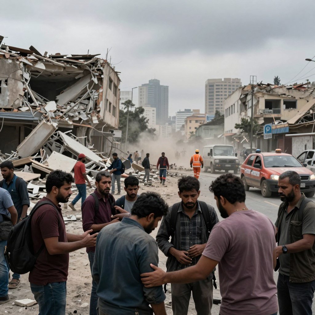 A devastated urban landscape following an earthquake, showcasing immediate social impacts. In the foreground, distressed individuals in modest casual clothing gather, offering assistance and emotional support to one another. Their expressions reflect shock and concern. In the middle ground, buildings are partially collapsed, with debris scattered on the street, illustrating the violence of the tremor. Emergency responders, wearing uniforms, aid injured citizens, emphasizing a spirit of community and resilience. The background features a city skyline, with dusty air and a muted color palette, illuminated by a somber, overcast sky, creating a heavy, emotional atmosphere. Capture this scene with a wide-angle lens to enhance the scale of destruction, while ensuring the overall mood conveys urgency and the need for support.