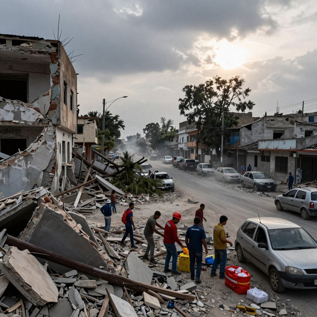 A devastated urban landscape in Venezuela following a powerful earthquake. In the foreground, shattered buildings with crumbling walls and exposed infrastructure, surrounded by rubble and debris. Emergency responders in modest clothing assist residents, showcasing human resilience amidst tragedy. In the middle ground, a once-bustling street filled with overturned vehicles and fallen trees, reinforcing the sense of chaos. The background reveals a cloudy sky, dimly lit by a low-hanging sun filtered through dust, creating a somber atmosphere. A sense of urgency is conveyed through visual elements like smoke and scattered emergency supplies, emphasizing the destruction and its impact on the community. The overall mood is one of devastation and hope for recovery, with a focus on resilience in the face of disaster.