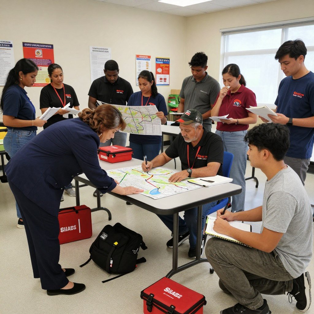 A diverse group of community members, including men and women of various ages and backgrounds, are actively participating in a disaster response training session. In the foreground, a middle-aged woman in professional attire demonstrates proper earthquake safety techniques, such as taking cover under a table. Next to her, a young man in modest casual clothing is listening attentively while taking notes. In the middle ground, a few people are collaborating, using maps to plan evacuation routes, with emergency kits and supplies scattered around. The background features a community center decorated with posters about earthquake preparedness. The lighting is bright and uplifting, giving a sense of hope and unity. The mood is serious yet focused, emphasizing the community's proactive approach to disaster readiness.