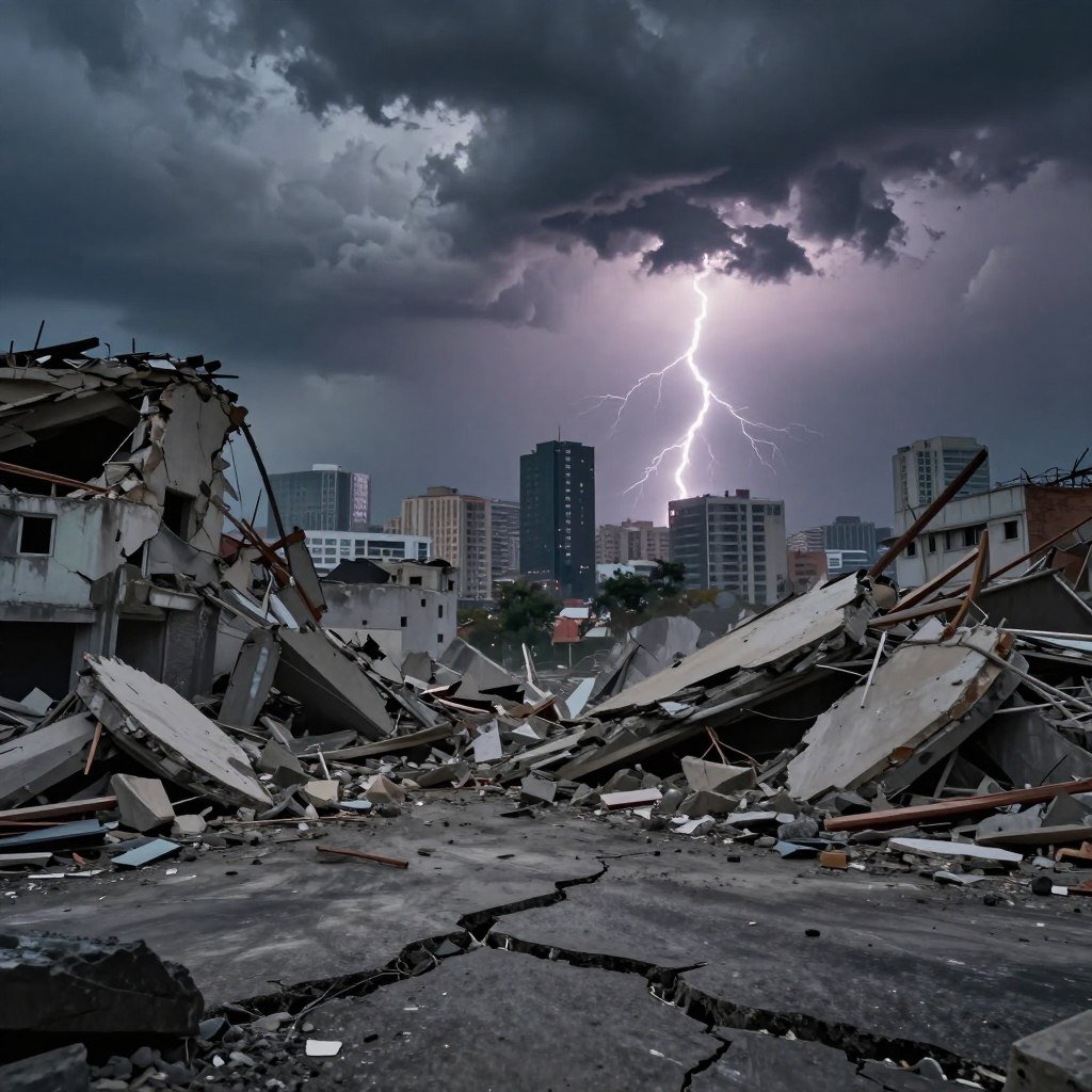A dramatic depiction of a powerful earthquake, focusing on the moment of seismic impact. In the foreground, cracked asphalt and falling debris from buildings illustrate the destruction. The middle ground features a city skyline, with some structures partially collapsed, showcasing the aftermath of the quake. In the background, a turbulent sky filled with dark storm clouds and flashes of lightning enhances the sense of chaos. Use moody, diffused lighting to create a tense atmosphere, as if the environment is still vibrating from the tremors. Apply a cinematic lens effect, capturing a wide-angle view that emphasizes the scale of the disaster while maintaining an ominous yet awe-inspiring tone. No people should be included in the image. A dramatic depiction of a powerful earthquake, focusing on the moment of seismic impact. In the foreground, cracked asphalt and falling debris from buildings illustrate the destruction. The middle ground features a city skyline, with some structures partially collapsed, showcasing the aftermath of the quake. In the background, a turbulent sky filled with dark storm clouds and flashes of lightning enhances the sense of chaos. Use moody, diffused lighting to create a tense atmosphere, as if the environment is still vibrating from the tremors. Apply a cinematic lens effect, capturing a wide-angle view that emphasizes the scale of the disaster while maintaining an ominous yet awe-inspiring tone. No people should be included in the image.