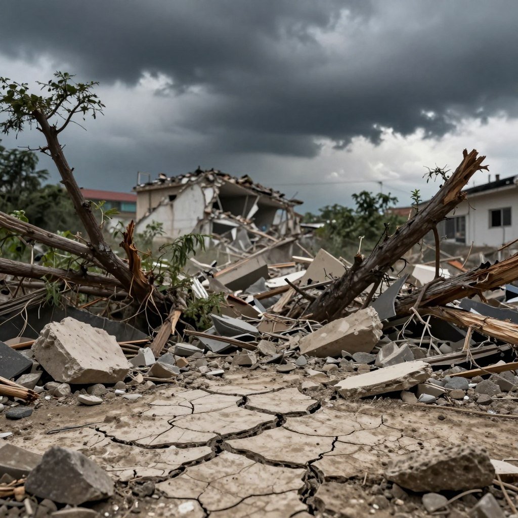 A dramatic landscape depicting the chaotic aftermath of an earthquake, showcasing environmental impact. In the foreground, cracked earth and debris highlight the immediate damage, with broken trees and overturned rocks scattered around. In the middle ground, a blurred view of a partially collapsed building illustrates human architectural failure amidst nature's fury. The background features dark, ominous clouds gathering, hinting at potential aftershocks or natural disasters like landslides, creating a tense atmosphere. Utilize soft, diffused lighting to enhance the shadowy textures of the debris and cracks. The scene should evoke feelings of urgency and vulnerability, emphasizing the relationship between earthquakes and natural disasters, while maintaining a professional tone throughout the composition. A dramatic landscape depicting the chaotic aftermath of an earthquake, showcasing environmental impact. In the foreground, cracked earth and debris highlight the immediate damage, with broken trees and overturned rocks scattered around. In the middle ground, a blurred view of a partially collapsed building illustrates human architectural failure amidst nature's fury. The background features dark, ominous clouds gathering, hinting at potential aftershocks or natural disasters like landslides, creating a tense atmosphere. Utilize soft, diffused lighting to enhance the shadowy textures of the debris and cracks. The scene should evoke feelings of urgency and vulnerability, emphasizing the relationship between earthquakes and natural disasters, while maintaining a professional tone throughout the composition.