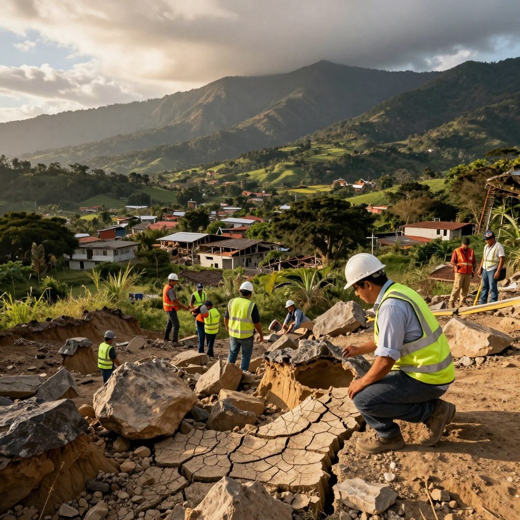 A dramatic landscape illustrating the impact of earthquakes in Venezuela, focusing on the most affected region. In the foreground, showcase a geologist in professional attire examining geological formations, evidence of tremors visible in cracked earth and displaced rocks. The middle ground features a lush Venezuelan terrain, dotted with small towns struggling with visible structural damage, as well as emergency response crews assessing the situation. In the background, dramatic mountains rise under a cloudy sky, symbolizing the geological forces at play. The scene is set during the golden hour, with warm lighting casting long shadows, creating a somber yet hope-filled atmosphere, emphasizing the resilience of both the land and its people. A dramatic landscape illustrating the impact of earthquakes in Venezuela, focusing on the most affected region. In the foreground, showcase a geologist in professional attire examining geological formations, evidence of tremors visible in cracked earth and displaced rocks. The middle ground features a lush Venezuelan terrain, dotted with small towns struggling with visible structural damage, as well as emergency response crews assessing the situation. In the background, dramatic mountains rise under a cloudy sky, symbolizing the geological forces at play. The scene is set during the golden hour, with warm lighting casting long shadows, creating a somber yet hope-filled atmosphere, emphasizing the resilience of both the land and its people.