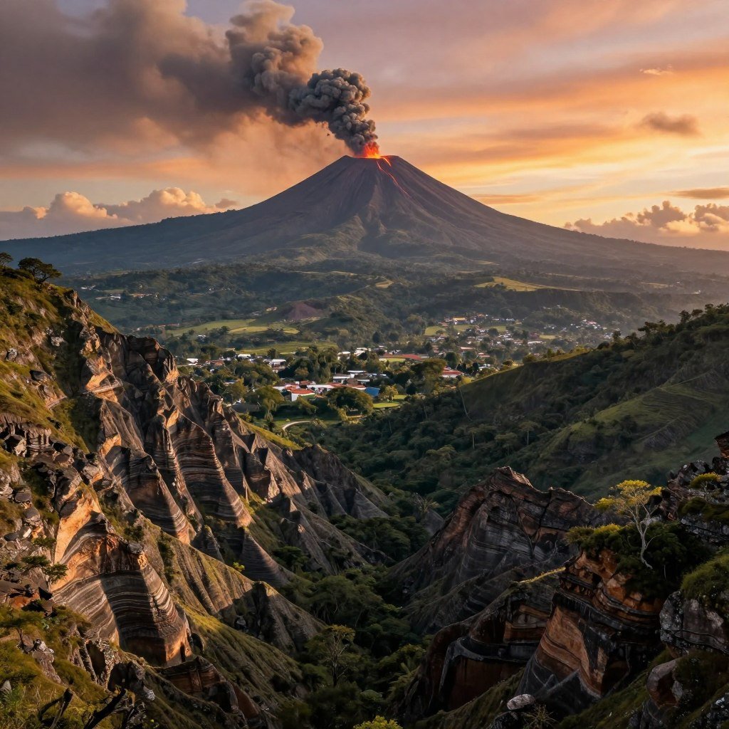 A dramatic landscape of Venezuela showcasing the geological features that contribute to earthquakes. In the foreground, jagged mountains reveal exposed rock layers, illustrating the tectonic plate boundaries. In the middle ground, a valley with lush green vegetation, dotted with small towns affected by seismic activity, provides human context. The background is dominated by an erupting volcano, symbolizing geological turmoil, with ash clouds swirling in a vibrant sunset sky. Soft, warm lighting casts long shadows, enhancing the textures of the rocks and foliage. The overall atmosphere is tense yet beautiful, illustrating nature's power and the underlying forces of geology. Use a wide-angle lens to capture the expansive scenery, emphasizing the depth and grand scale of the landscape. A dramatic landscape of Venezuela showcasing the geological features that contribute to earthquakes. In the foreground, jagged mountains reveal exposed rock layers, illustrating the tectonic plate boundaries. In the middle ground, a valley with lush green vegetation, dotted with small towns affected by seismic activity, provides human context. The background is dominated by an erupting volcano, symbolizing geological turmoil, with ash clouds swirling in a vibrant sunset sky. Soft, warm lighting casts long shadows, enhancing the textures of the rocks and foliage. The overall atmosphere is tense yet beautiful, illustrating nature's power and the underlying forces of geology. Use a wide-angle lens to capture the expansive scenery, emphasizing the depth and grand scale of the landscape.