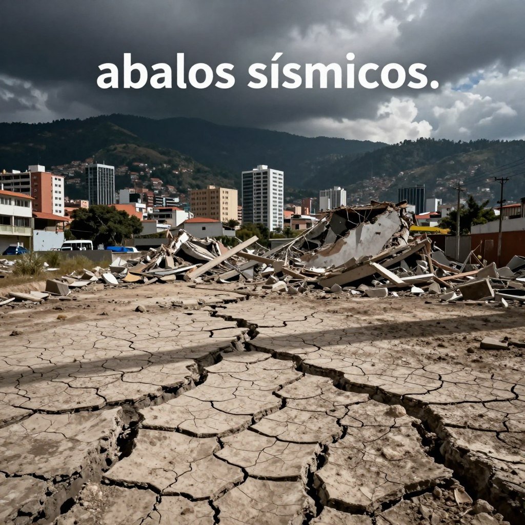 A dramatic scene capturing the impact of seismic waves in Venezuela, illustrating "abalos sísmicos." In the foreground, show cracked earth, deep fissures spreading across a parched landscape. In the middle, a modern cityscape with partially collapsed buildings, with debris scattered around, conveying the aftermath of a recent earthquake. Utilize dramatic lighting, with shadows casting long across the rubble, evoking a sense of urgency and destruction. The background should include a panoramic view of Caracas' mountainous terrain under a stormy sky, thick clouds swirling overhead, enhancing the tension in the atmosphere. Use a wide-angle lens to emphasize the scale of destruction while maintaining clear details. The mood is somber and reflective, illustrating the serious impacts of earthquakes on the region.
